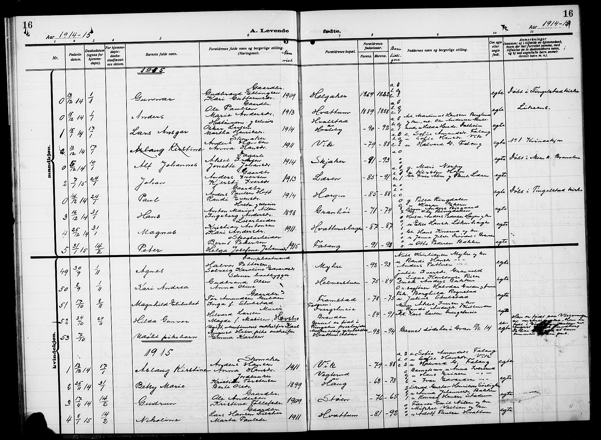 Gran prestekontor, SAH/PREST-112/H/Ha/Hab/L0007: Parish register (copy) no. 7, 1912-1917, p. 16