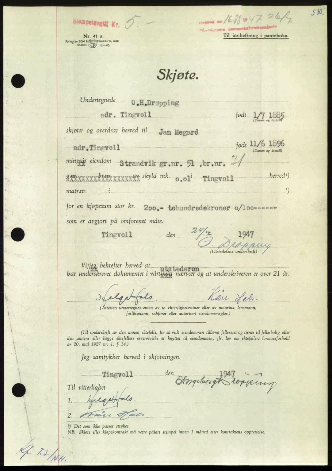 Nordmøre sorenskriveri, AV/SAT-A-4132/1/2/2Ca: Mortgage book no. A105, 1947-1947, Diary no: : 1688/1947