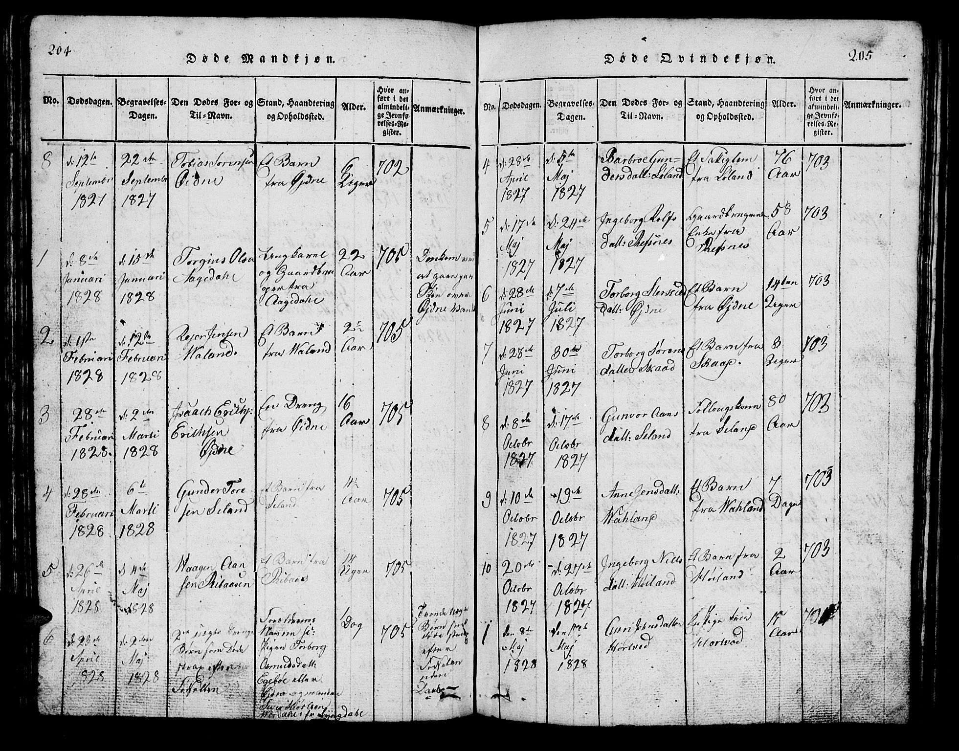 Bjelland sokneprestkontor, SAK/1111-0005/F/Fb/Fbc/L0001: Parish register (copy) no. B 1, 1815-1870, p. 204-205