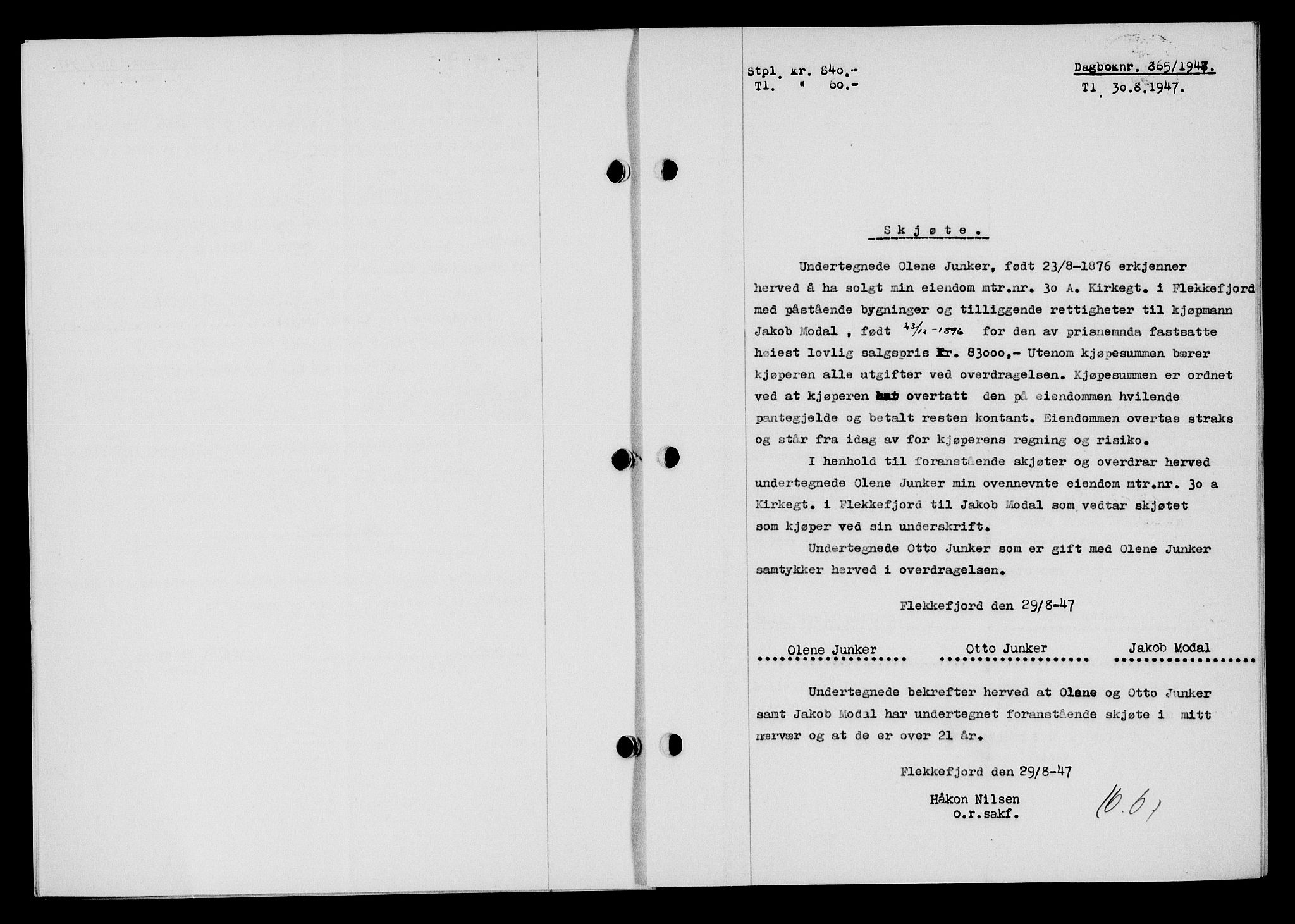 Flekkefjord sorenskriveri, SAK/1221-0001/G/Gb/Gba/L0062: Mortgage book no. A-10, 1947-1947, Diary no: : 865/1947