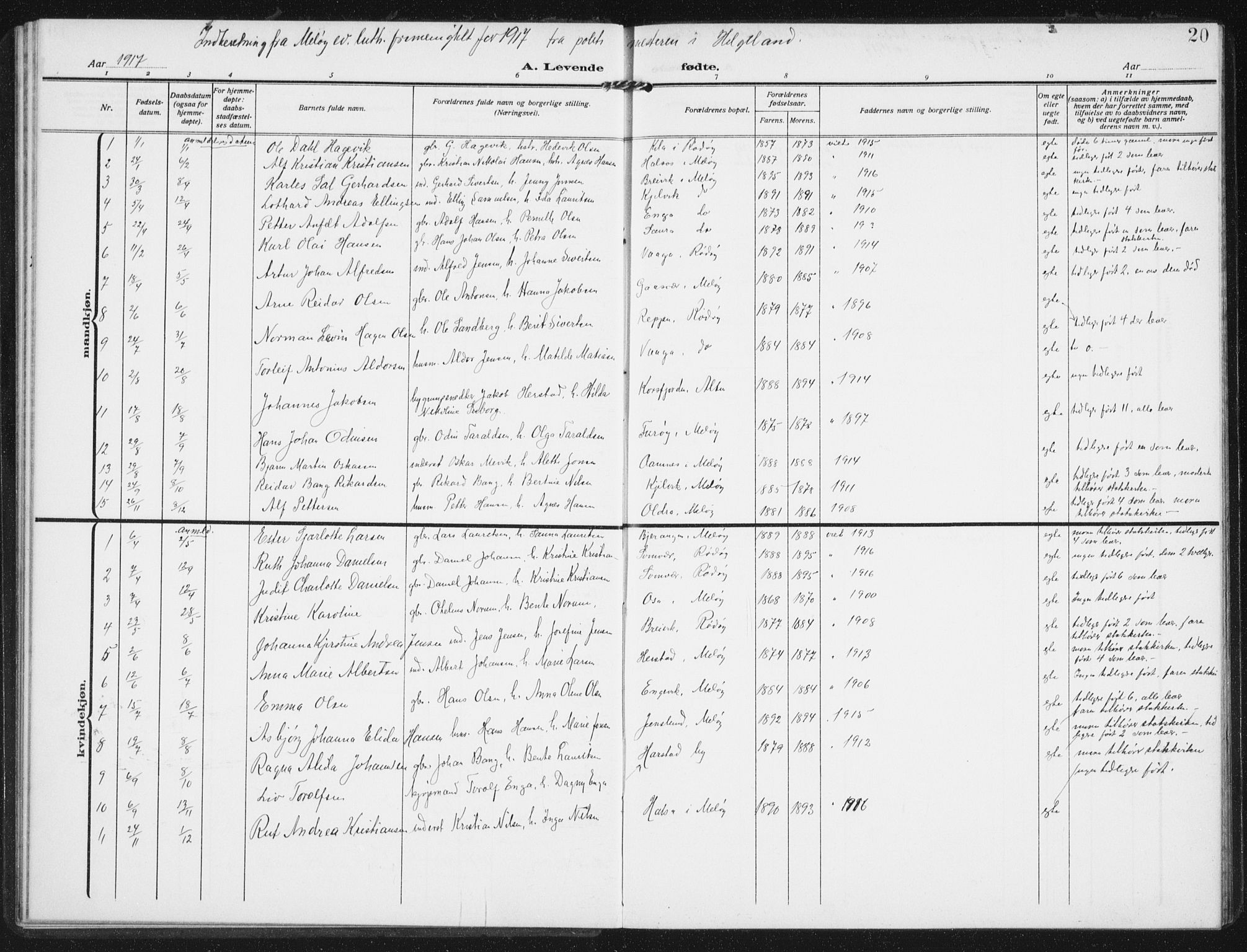 Ministerialprotokoller, klokkerbøker og fødselsregistre - Nordland, SAT/A-1459/843/L0629: Parish register (official) no. 843A04, 1907-1925, p. 20