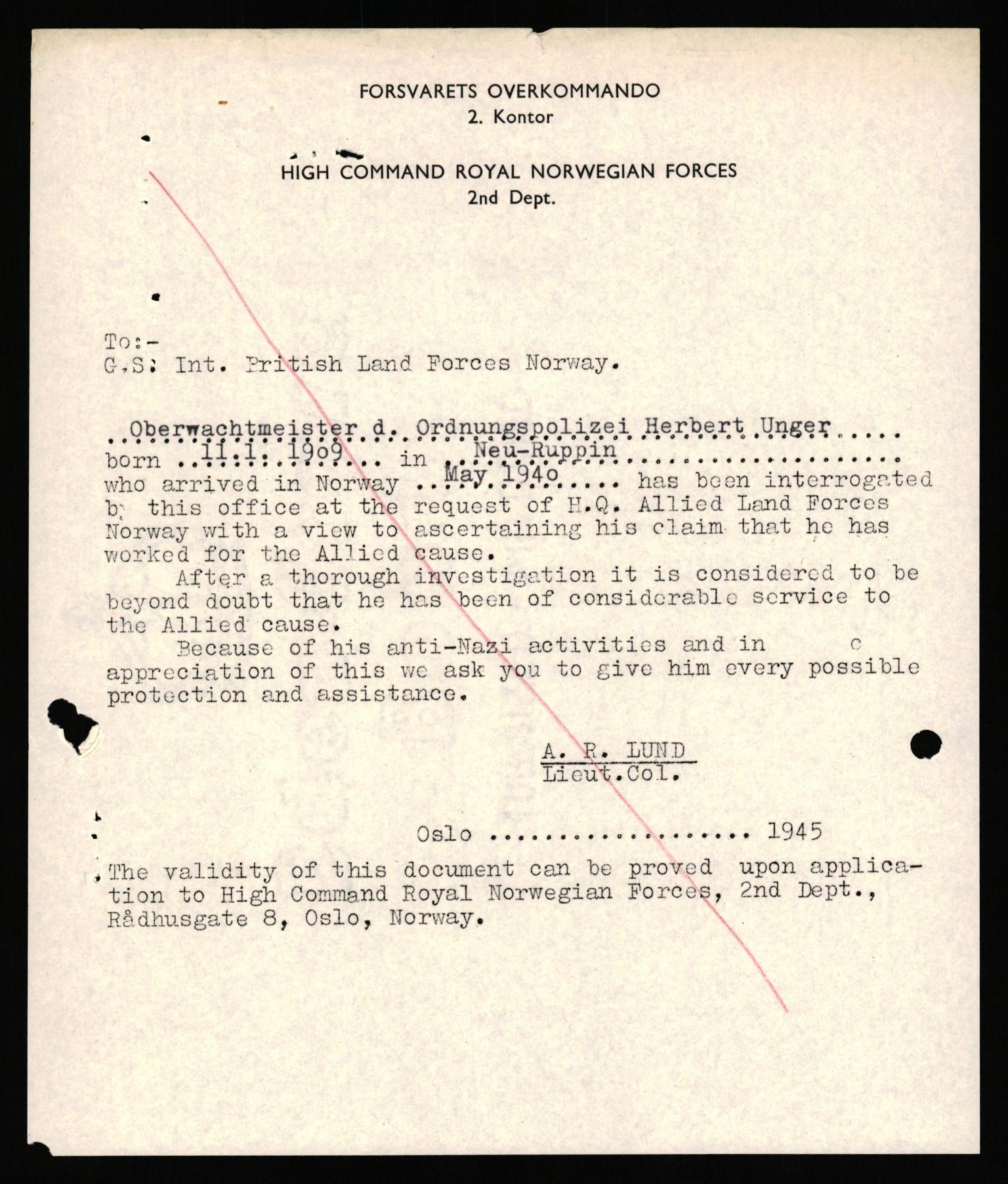 Forsvaret, Forsvarets overkommando II, AV/RA-RAFA-3915/D/Db/L0034: CI Questionaires. Tyske okkupasjonsstyrker i Norge. Tyskere., 1945-1946, p. 191