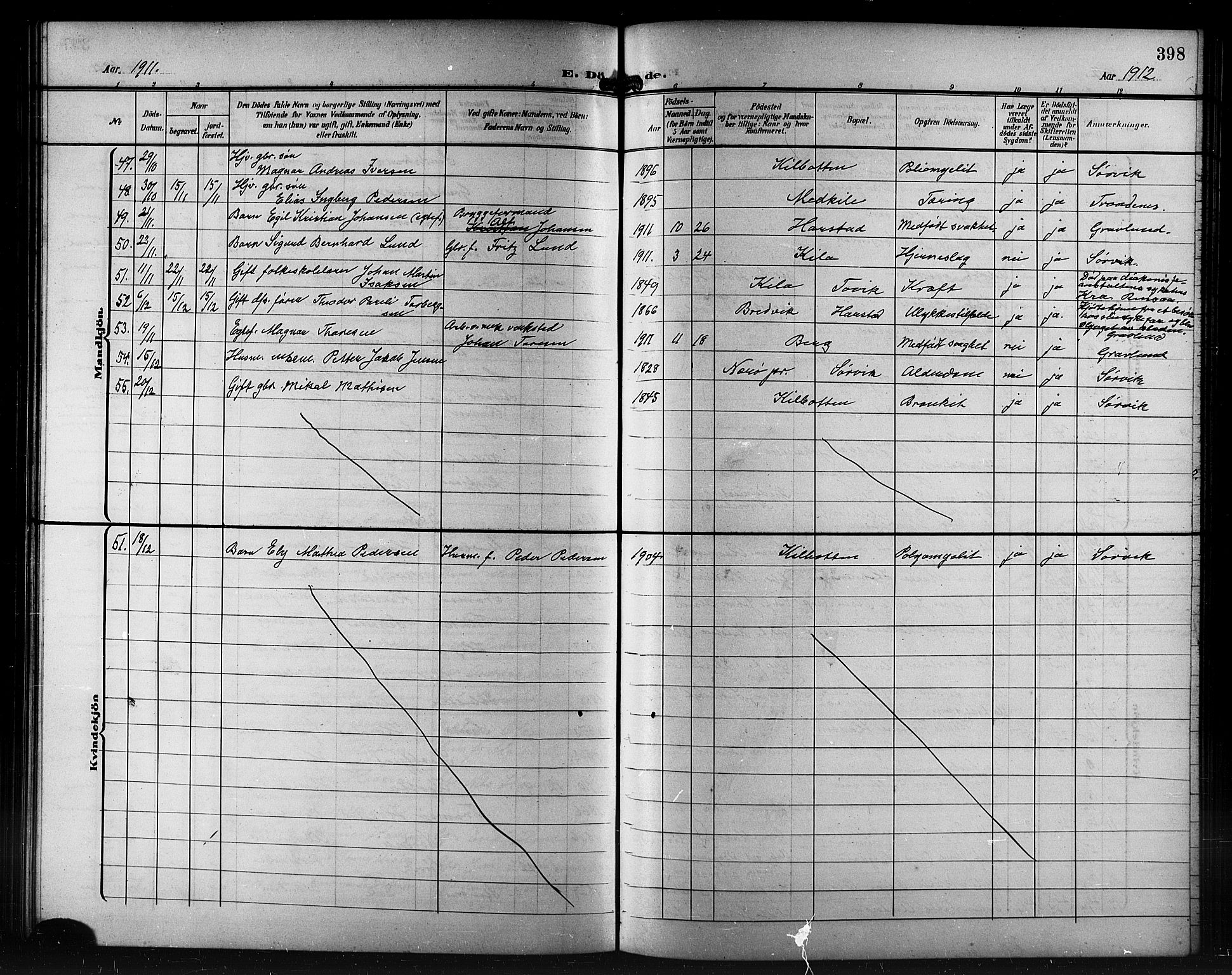 Trondenes sokneprestkontor, AV/SATØ-S-1319/H/Hb/L0012klokker: Parish register (copy) no. 12, 1907-1916, p. 398