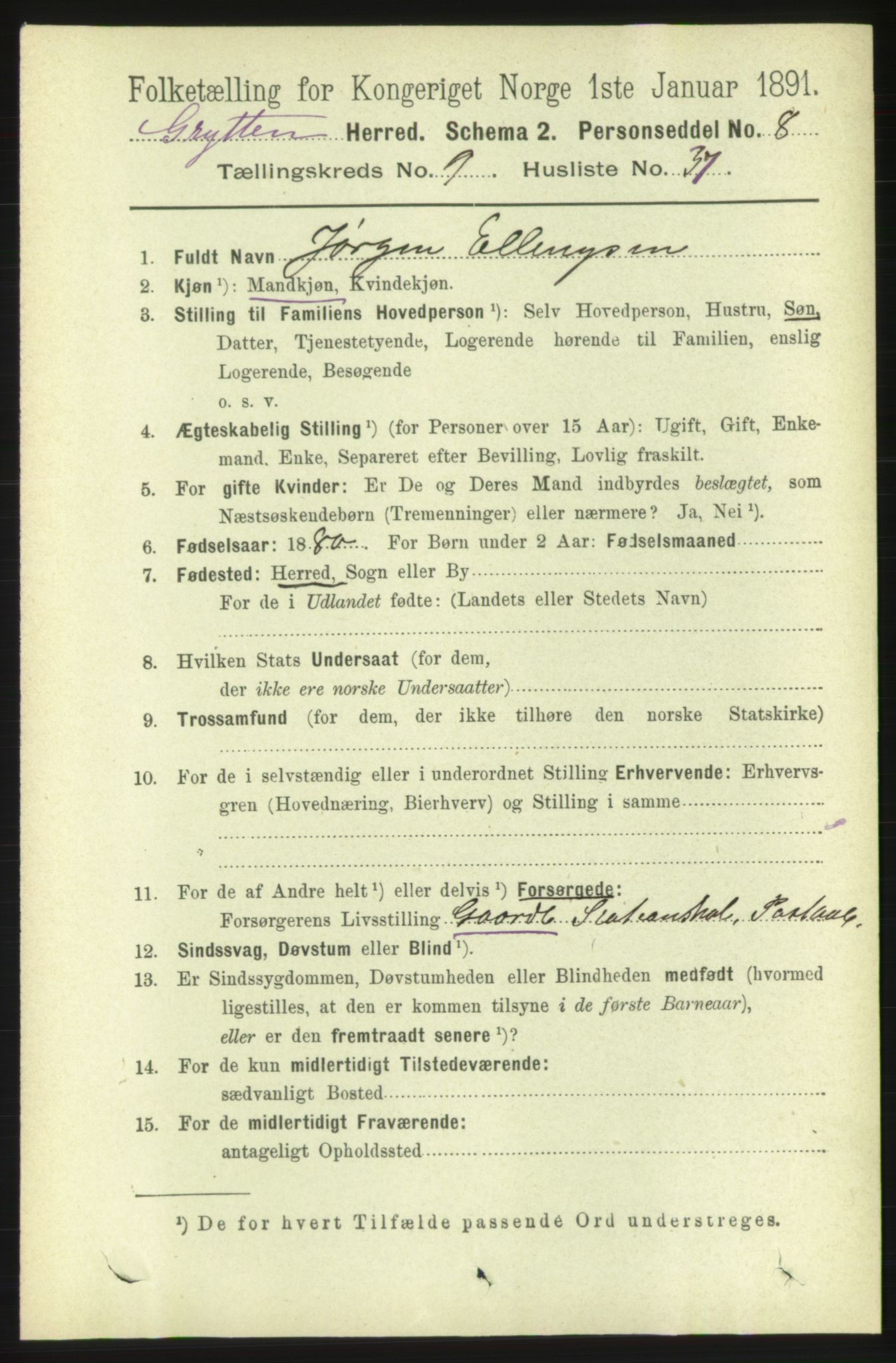 RA, 1891 census for 1539 Grytten, 1891, p. 3589