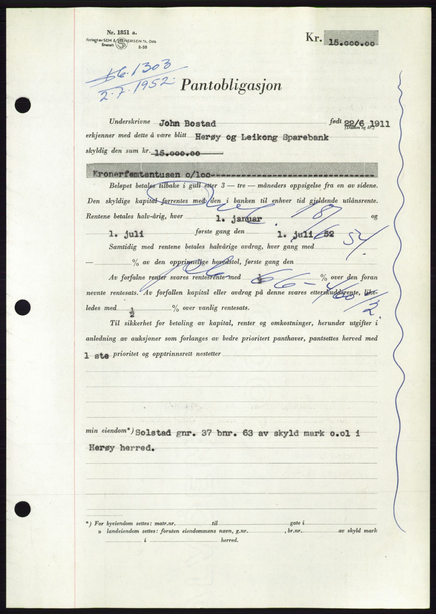 Søre Sunnmøre sorenskriveri, AV/SAT-A-4122/1/2/2C/L0121: Mortgage book no. 9B, 1951-1952, Diary no: : 1303/1952