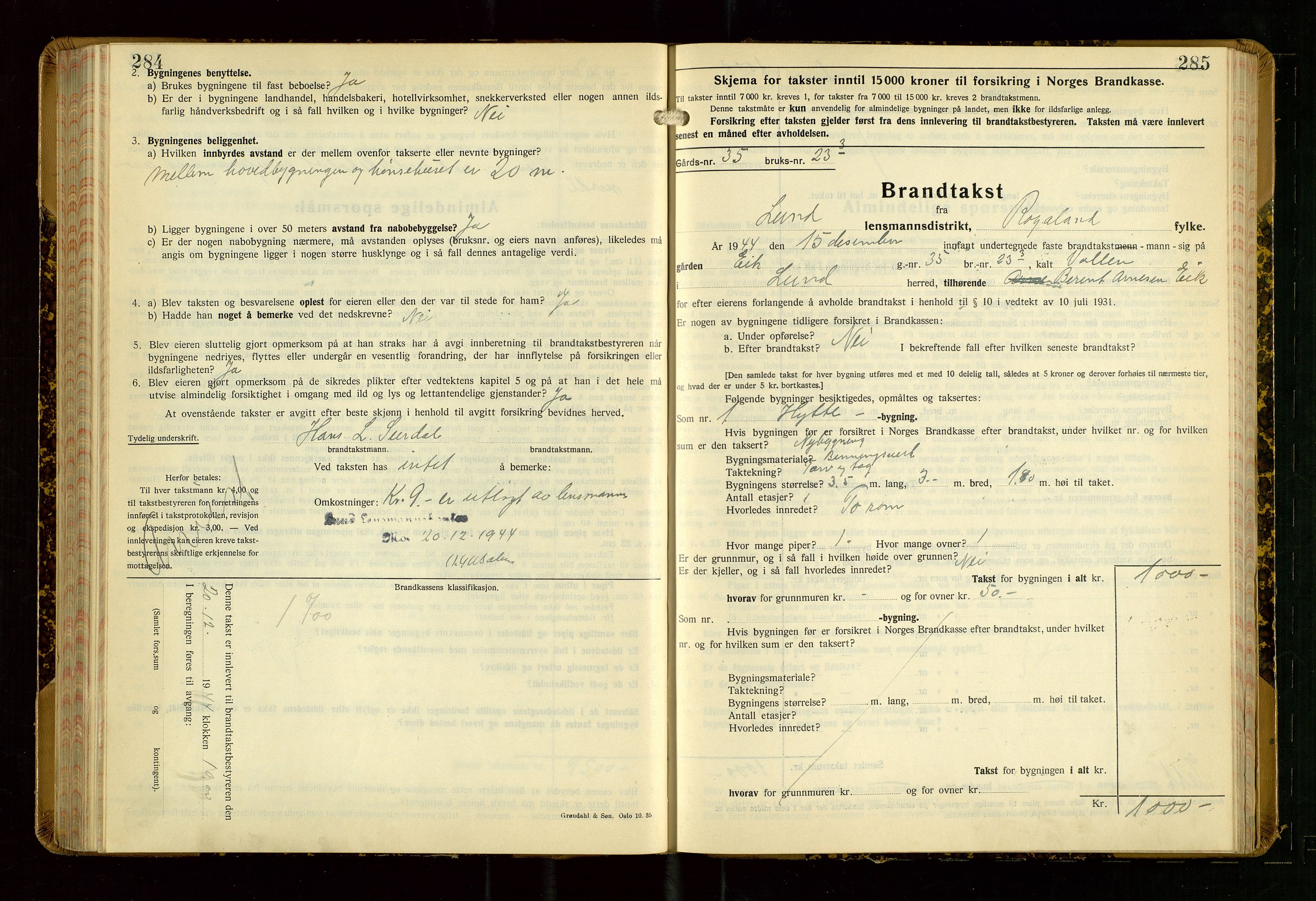 Lund lensmannskontor, SAST/A-100303/Gob/L0006: "Brandtakstprotokoll", 1938-1951, p. 284-285