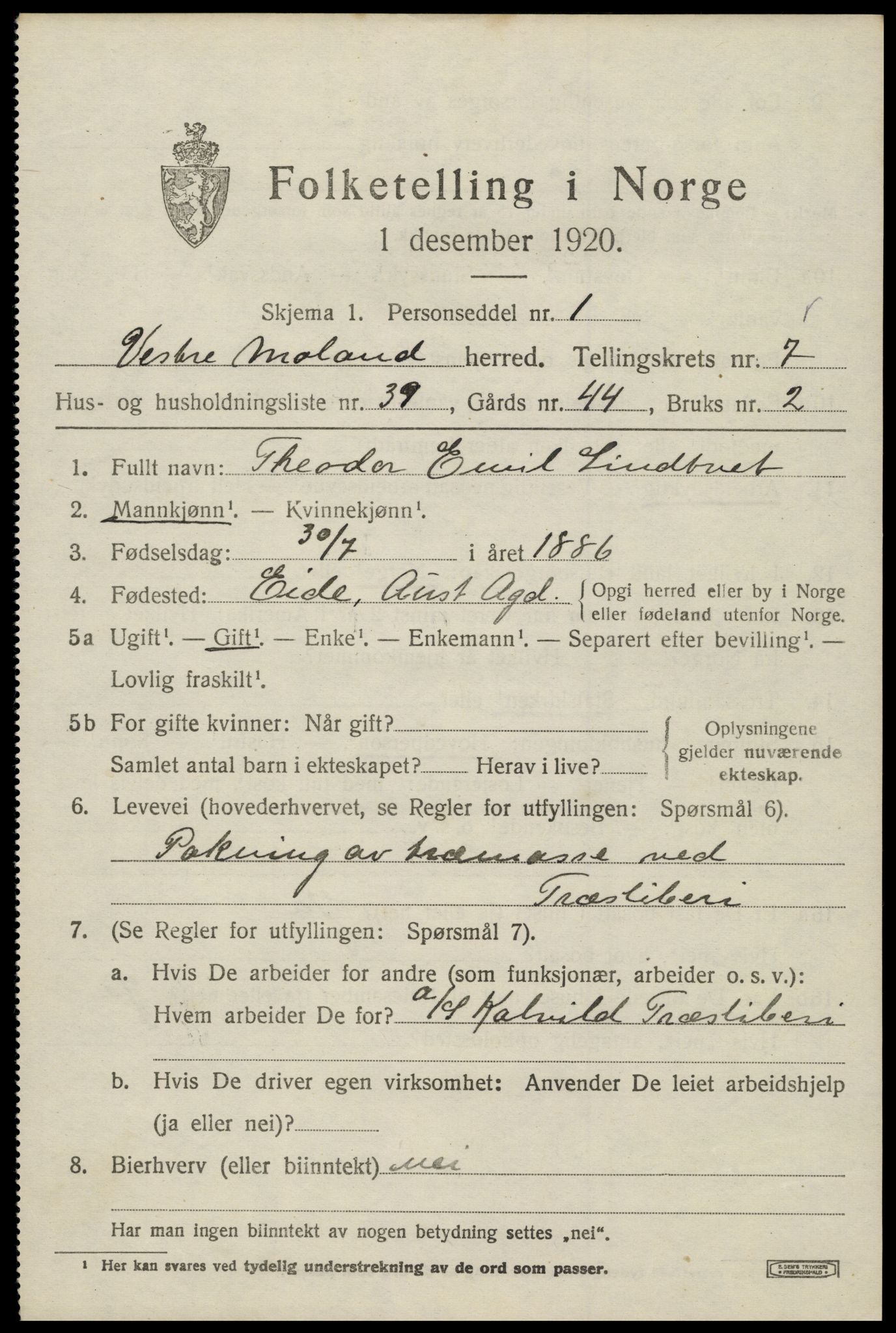 SAK, 1920 census for Vestre Moland, 1920, p. 5195