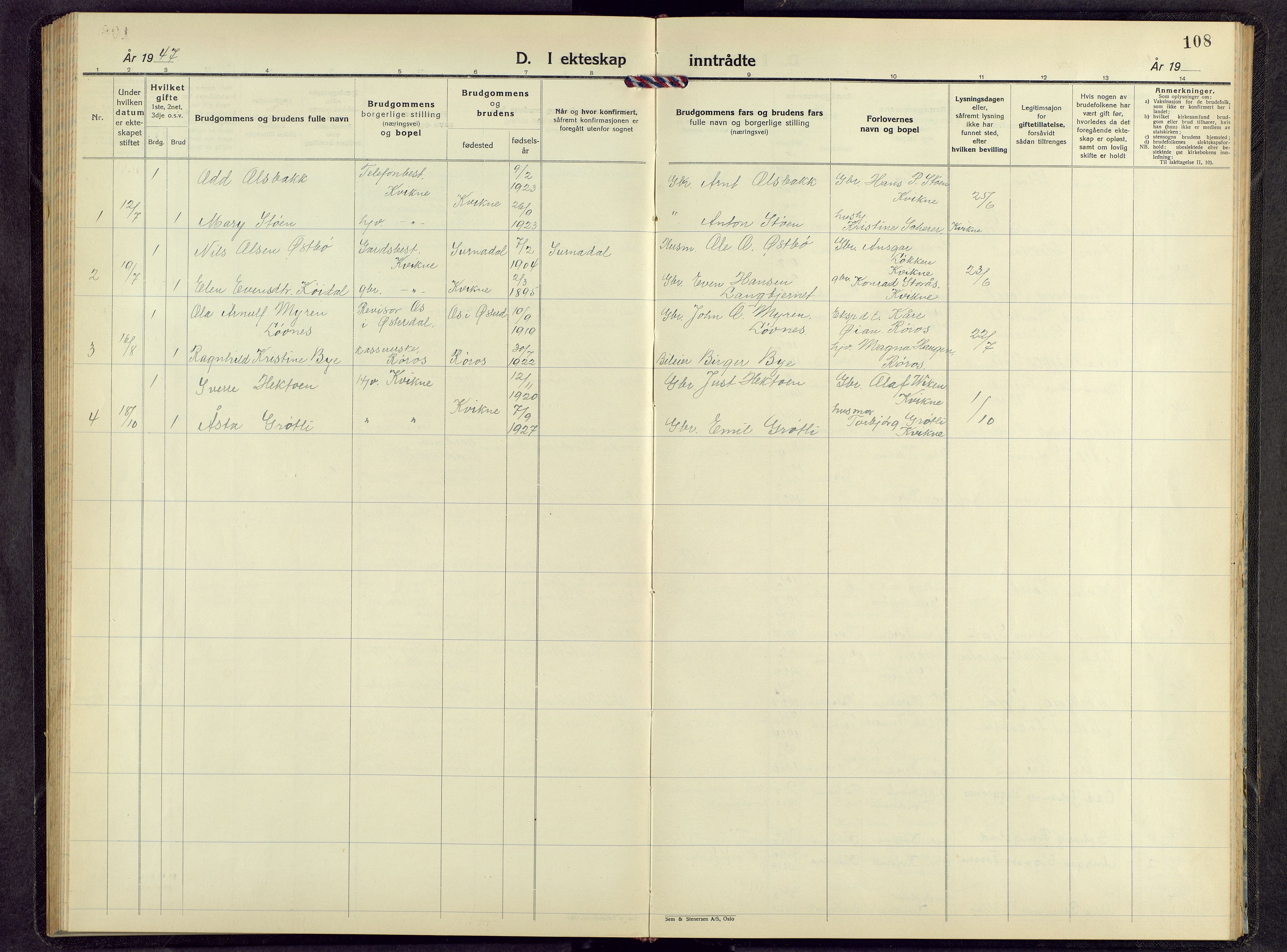 Kvikne prestekontor, AV/SAH-PREST-064/H/Ha/Hab/L0006: Parish register (copy) no. 6, 1944-1965, p. 108