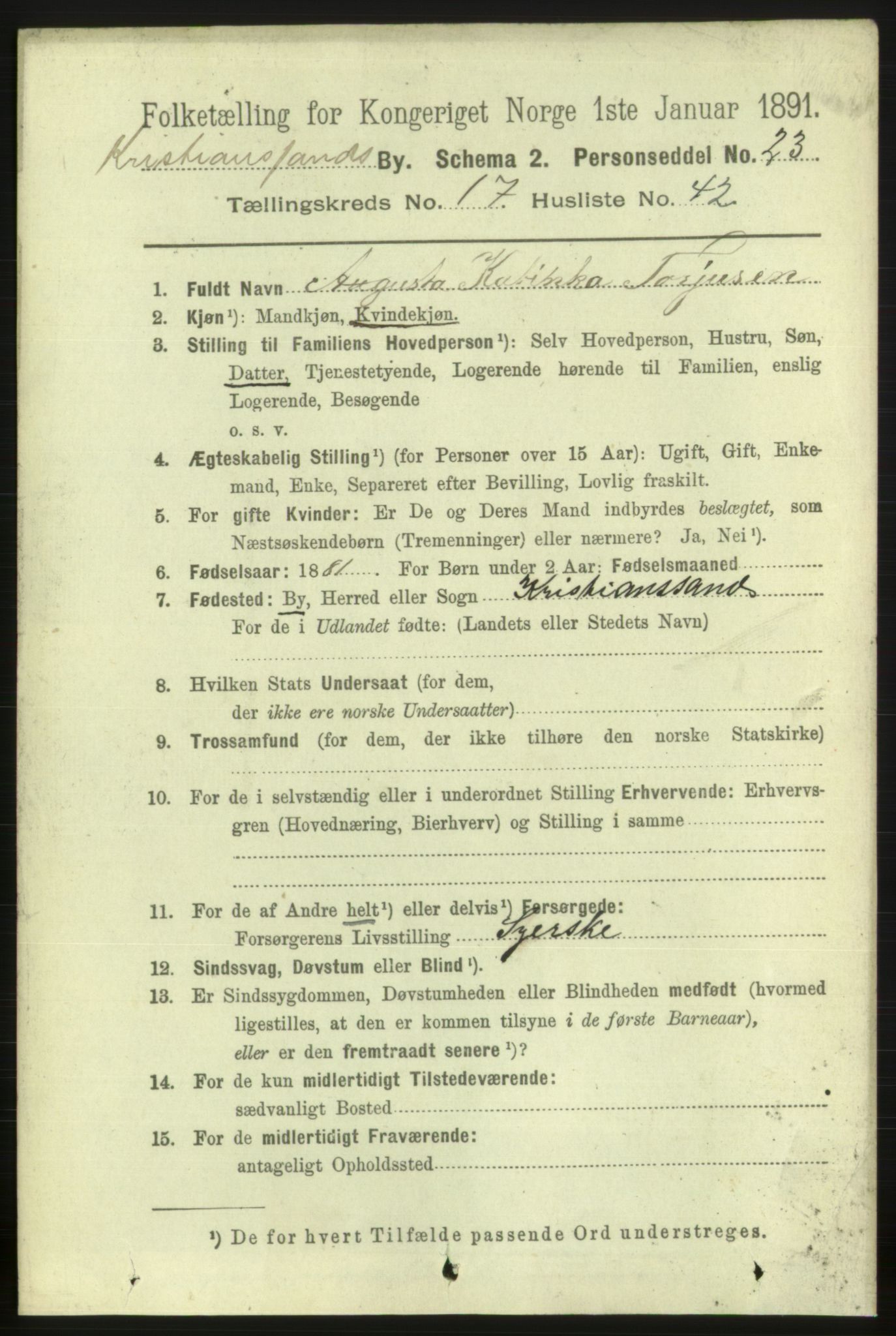 RA, 1891 census for 1001 Kristiansand, 1891, p. 7193