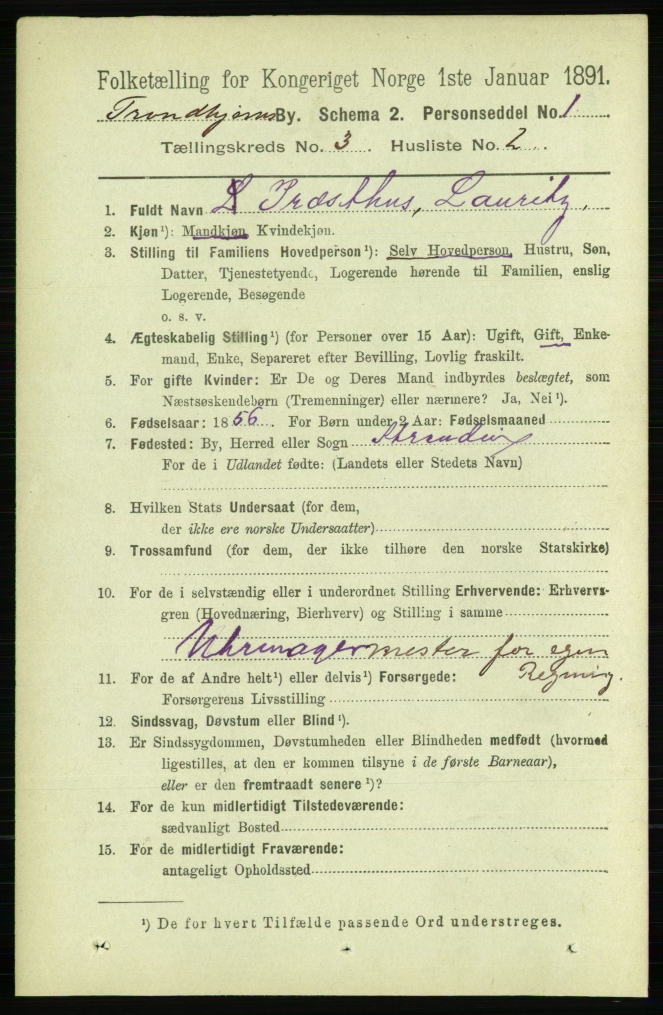 RA, 1891 census for 1601 Trondheim, 1891, p. 3725