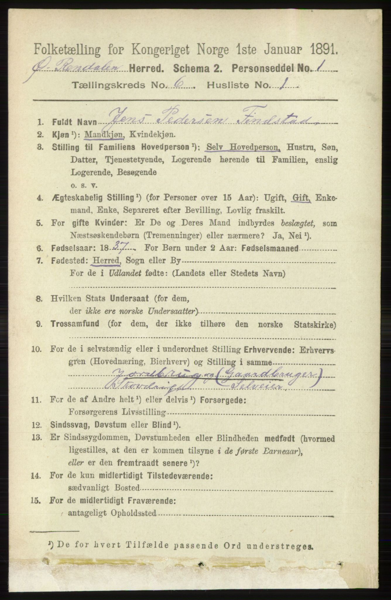 RA, 1891 census for 0433 Øvre Rendal, 1891, p. 1598