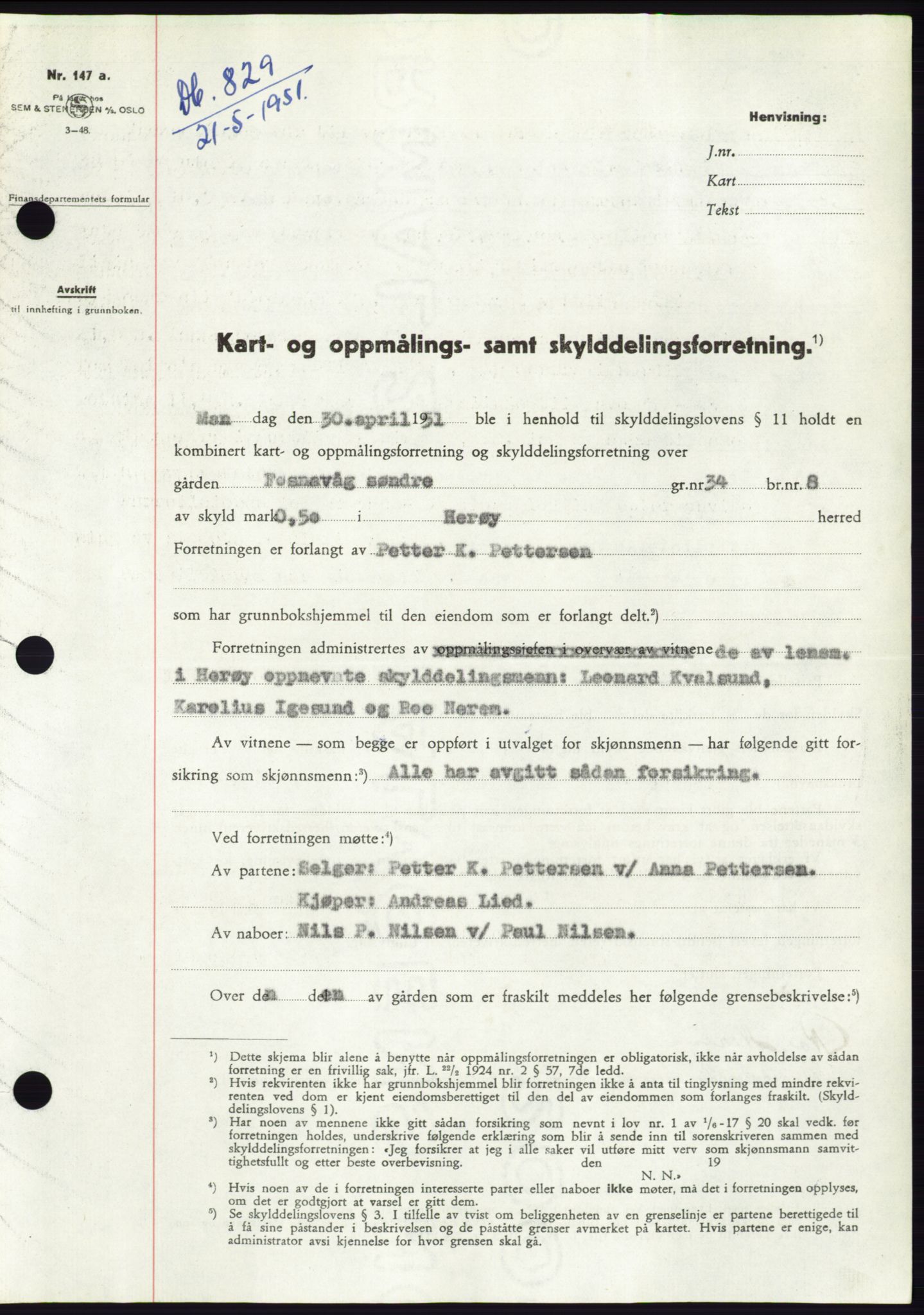 Søre Sunnmøre sorenskriveri, AV/SAT-A-4122/1/2/2C/L0089: Mortgage book no. 15A, 1951-1951, Diary no: : 829/1951