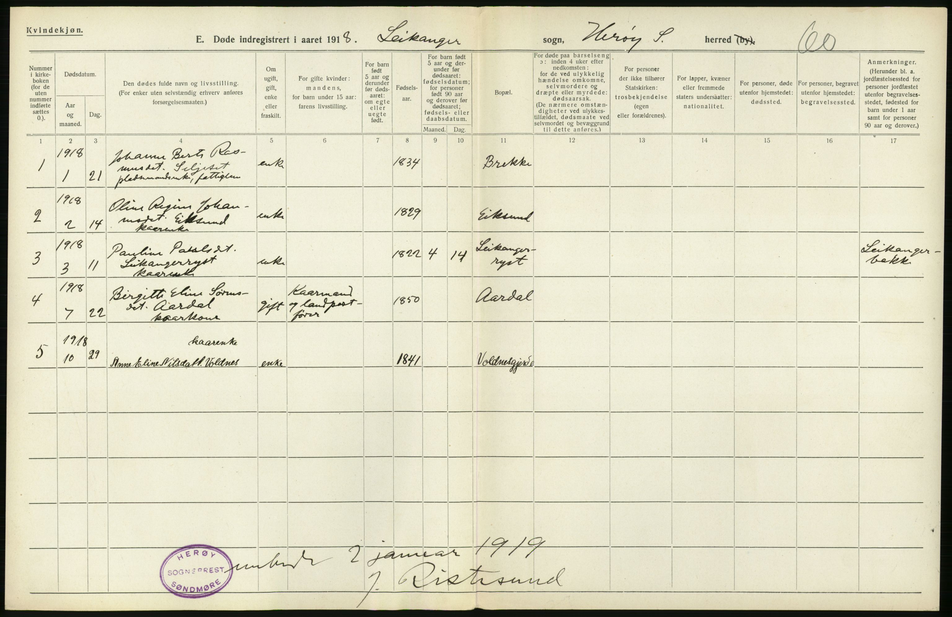 Statistisk sentralbyrå, Sosiodemografiske emner, Befolkning, RA/S-2228/D/Df/Dfb/Dfbh/L0045: Møre fylke: Døde. Bygder og byer., 1918, p. 16