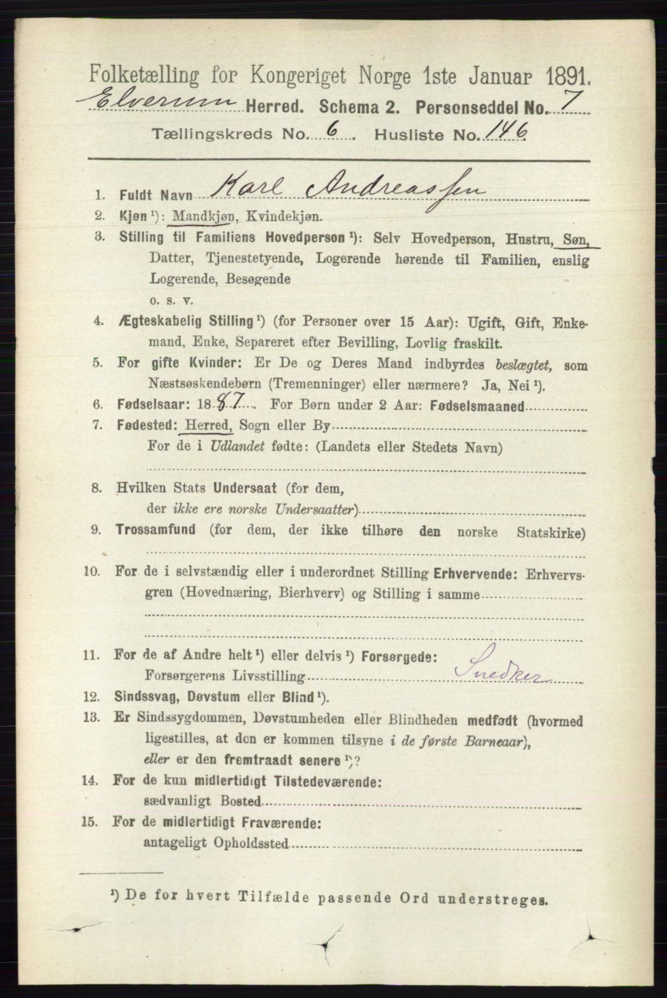 RA, 1891 census for 0427 Elverum, 1891, p. 5211