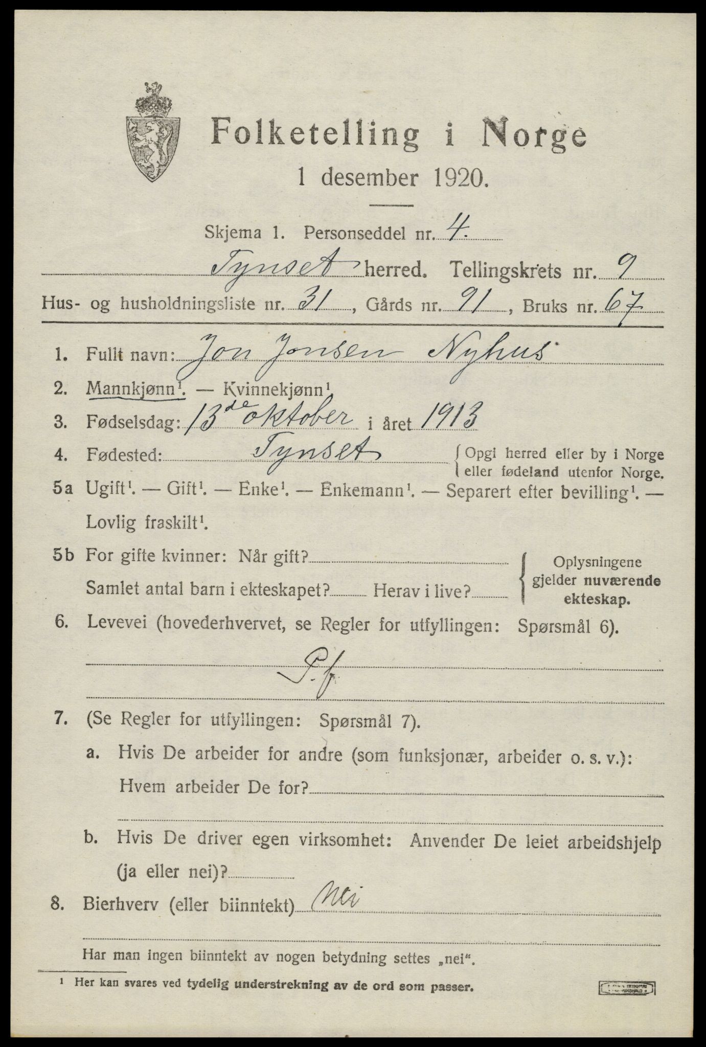 SAH, 1920 census for Tynset, 1920, p. 7510
