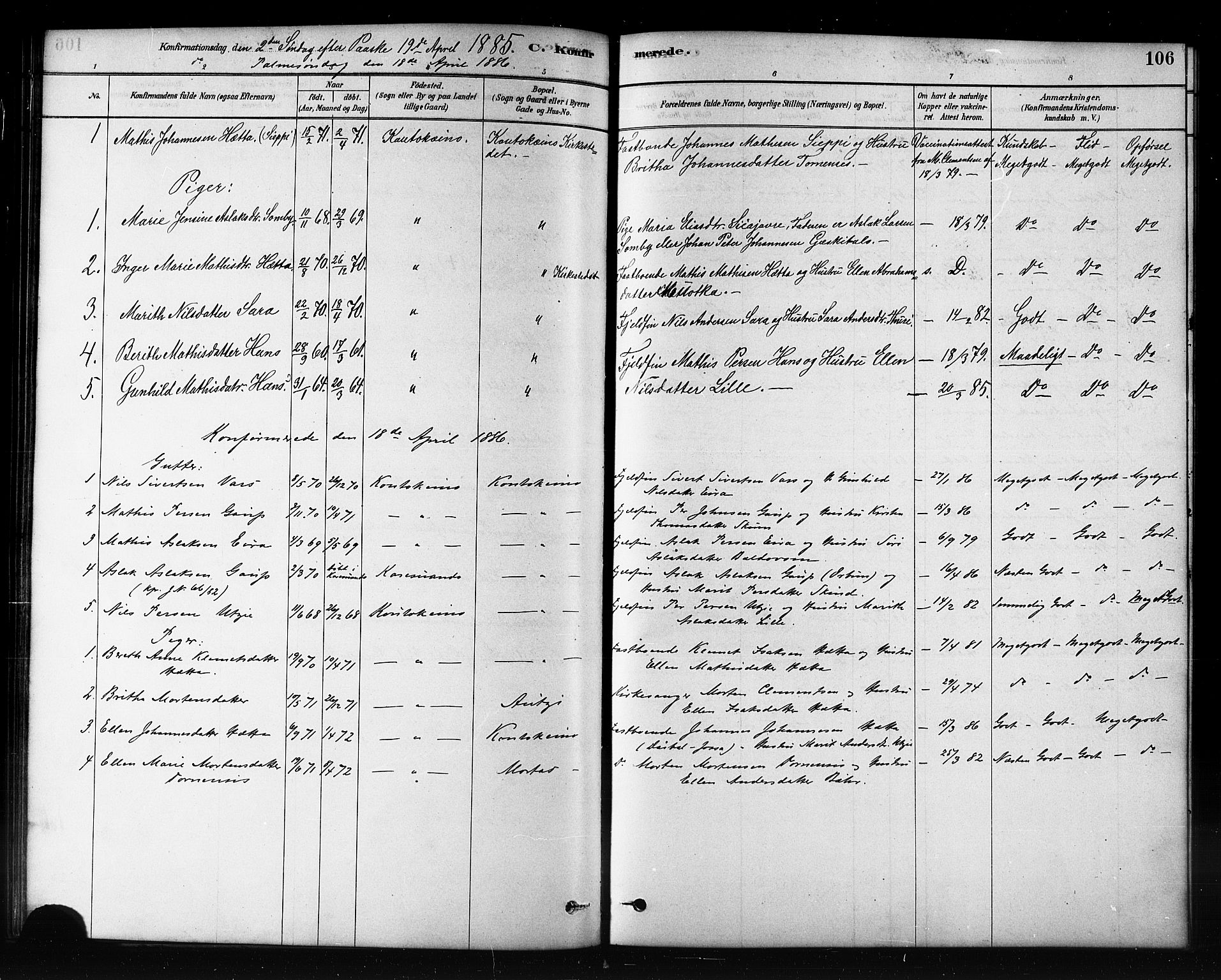 Kautokeino sokneprestembete, SATØ/S-1340/H/Hb/L0002.klokk: Parish register (copy) no. 2, 1877-1896, p. 106