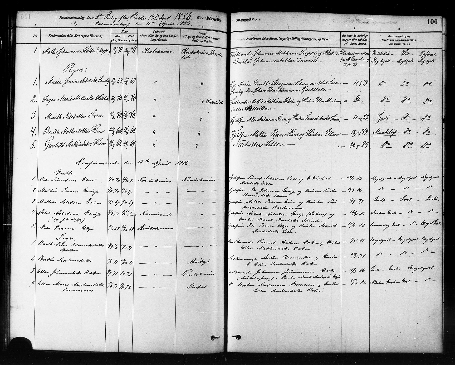 Kautokeino sokneprestembete, AV/SATØ-S-1340/H/Hb/L0002.klokk: Parish register (copy) no. 2, 1877-1896, p. 106