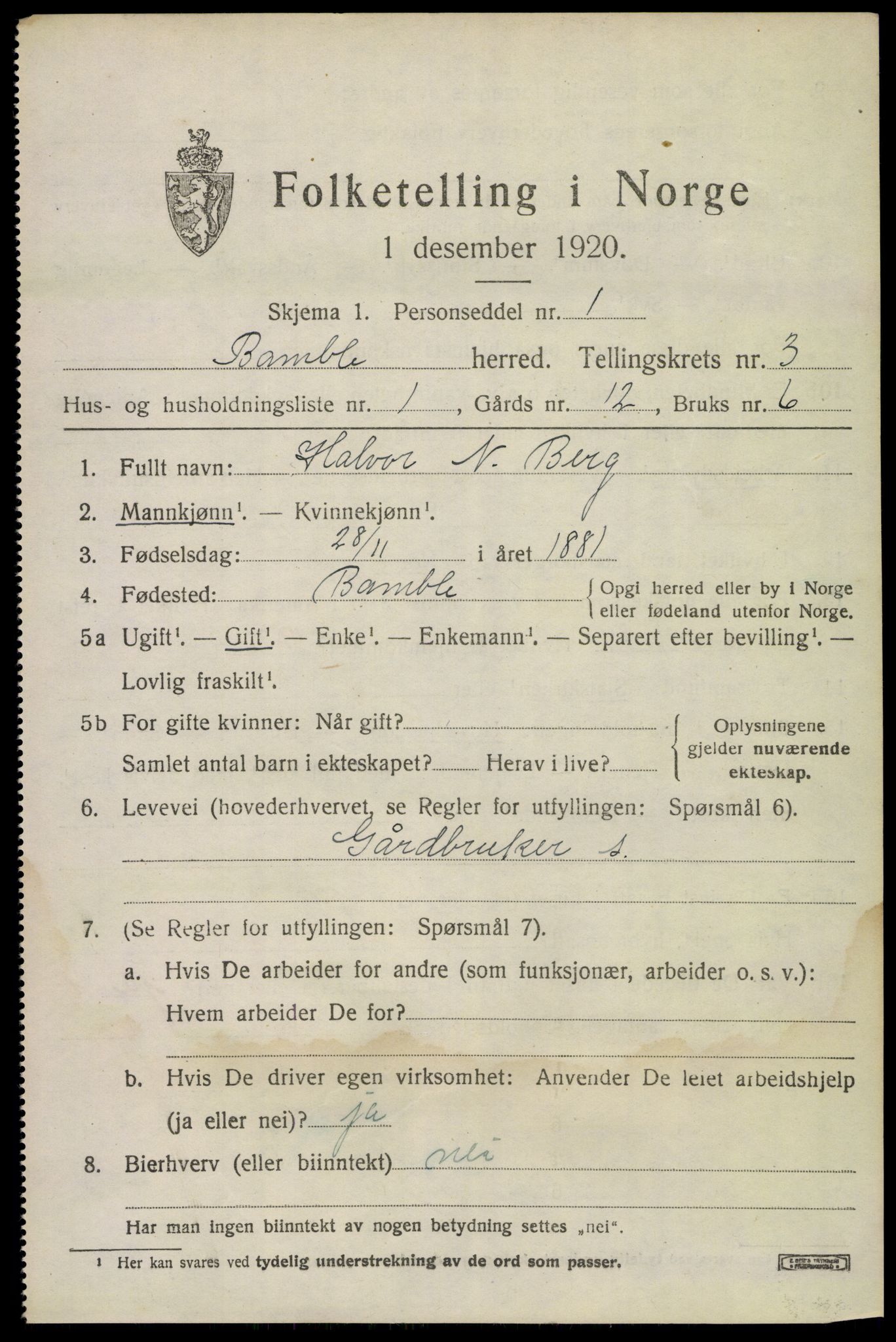 SAKO, 1920 census for Bamble, 1920, p. 3793
