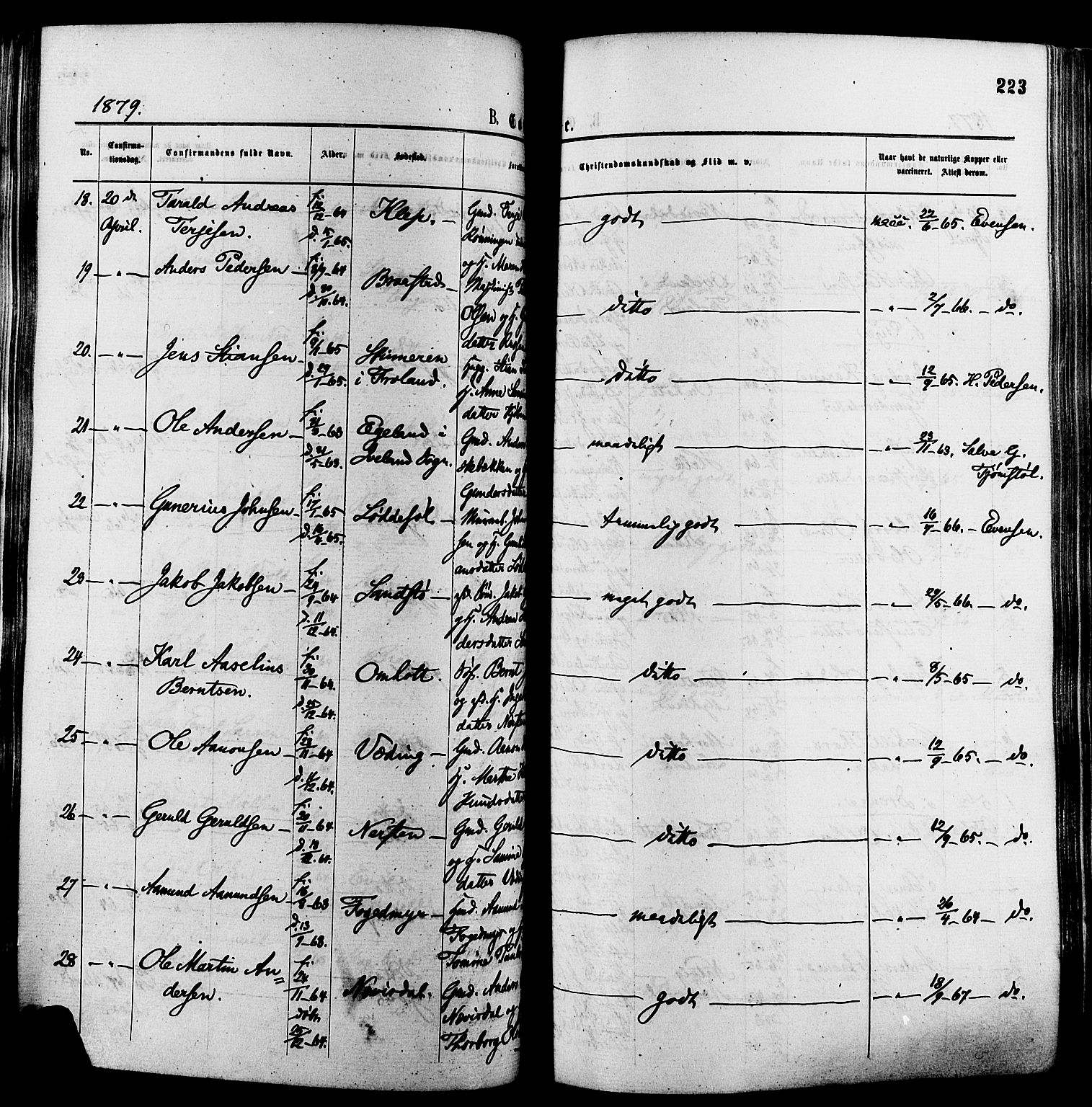 Øyestad sokneprestkontor, AV/SAK-1111-0049/F/Fa/L0016: Parish register (official) no. A 16, 1874-1886, p. 223