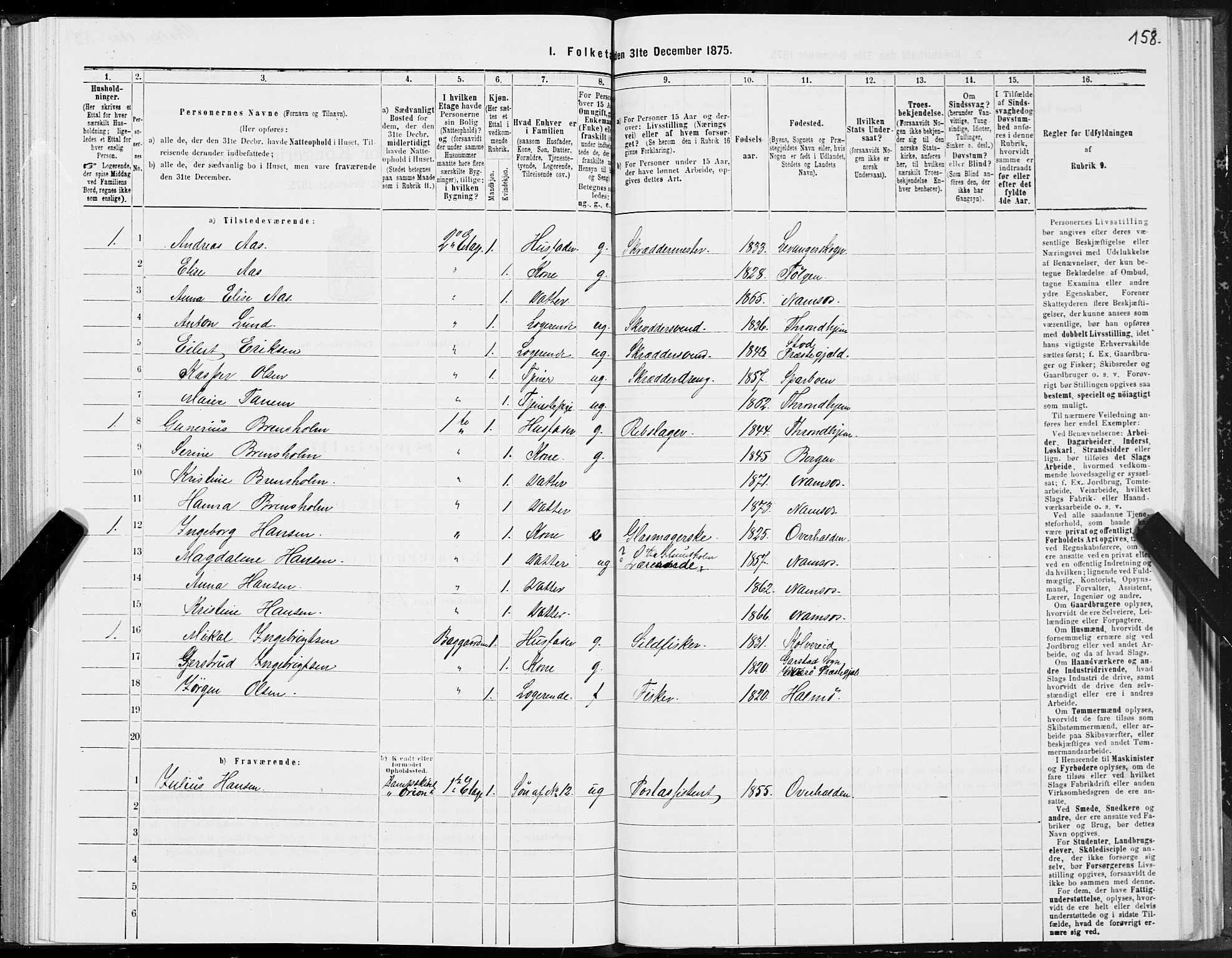 SAT, 1875 census for 1703B Namsos/Namsos, 1875, p. 158