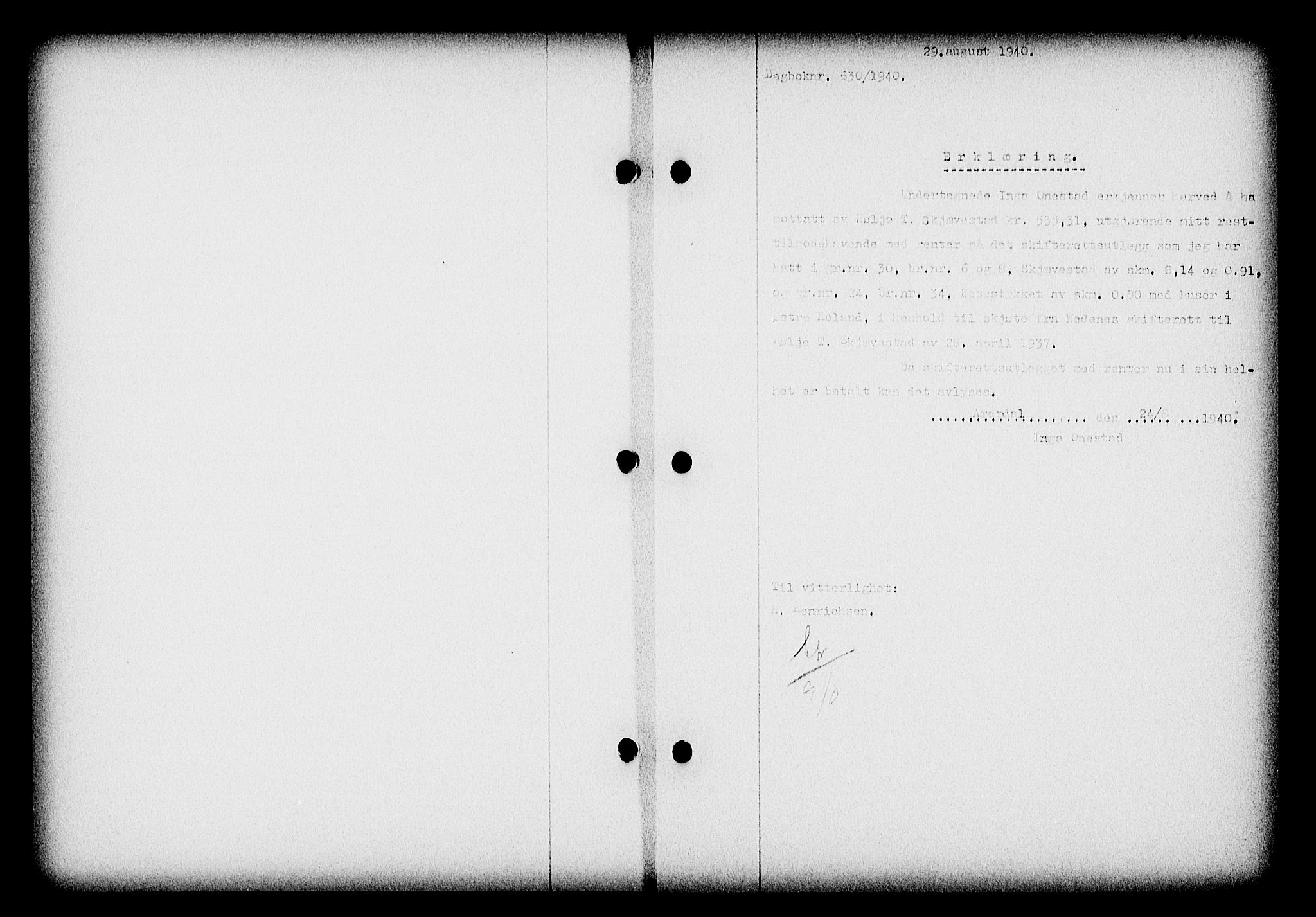 Nedenes sorenskriveri, SAK/1221-0006/G/Gb/Gba/L0047: Mortgage book no. A-I, 1939-1940, Diary no: : 630/1940