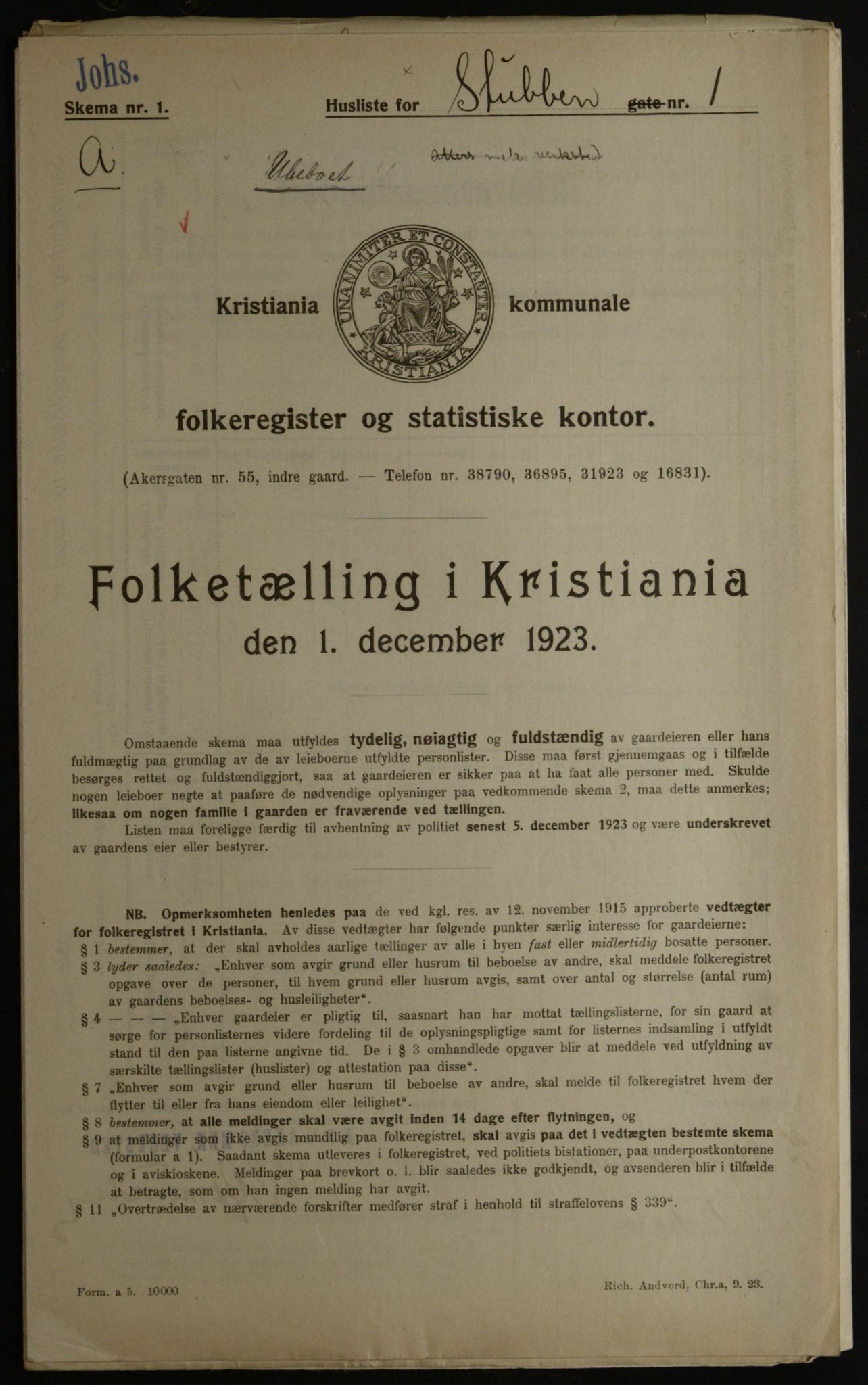 OBA, Municipal Census 1923 for Kristiania, 1923, p. 115596