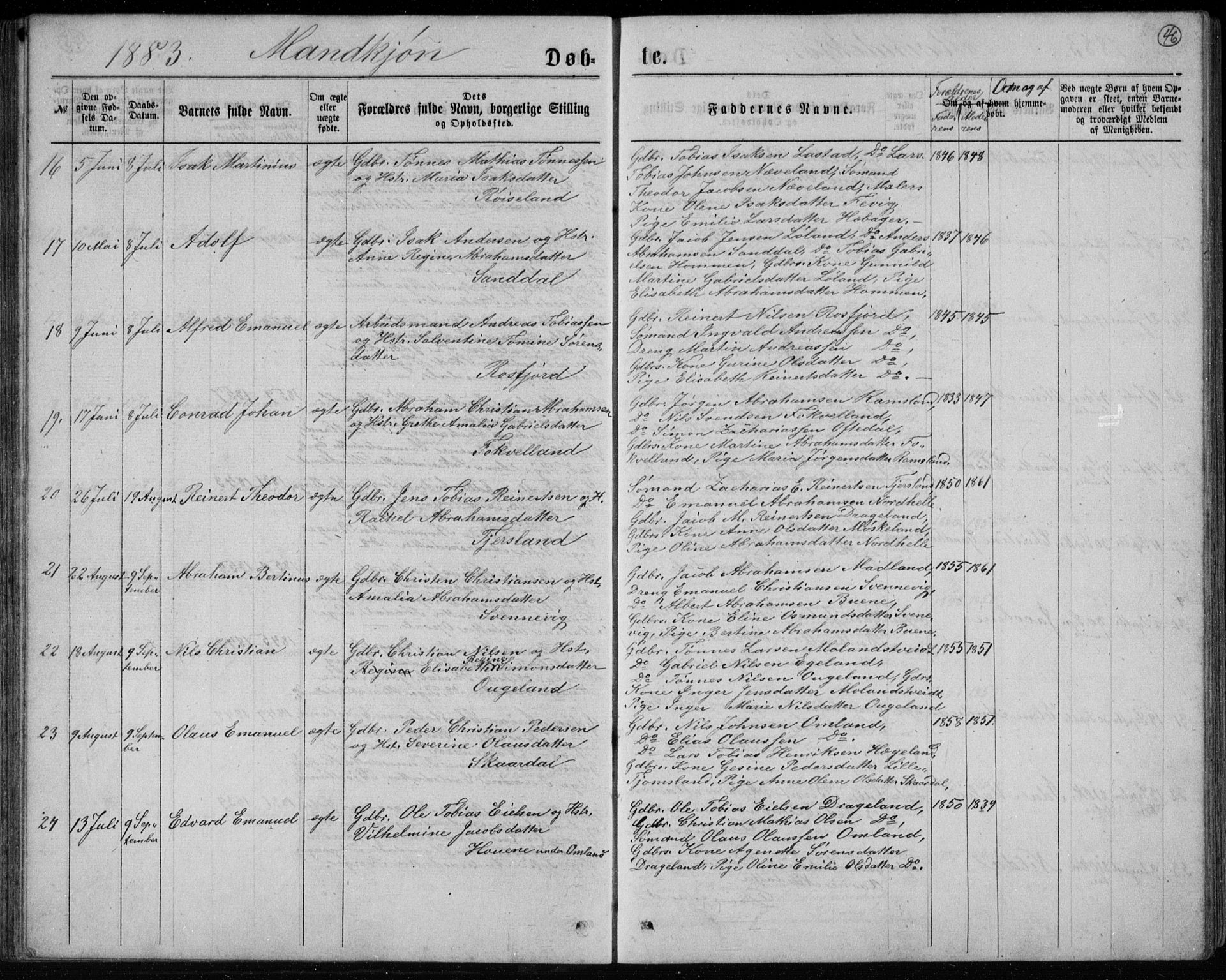 Lyngdal sokneprestkontor, SAK/1111-0029/F/Fb/Fbc/L0004: Parish register (copy) no. B 4, 1878-1896, p. 46