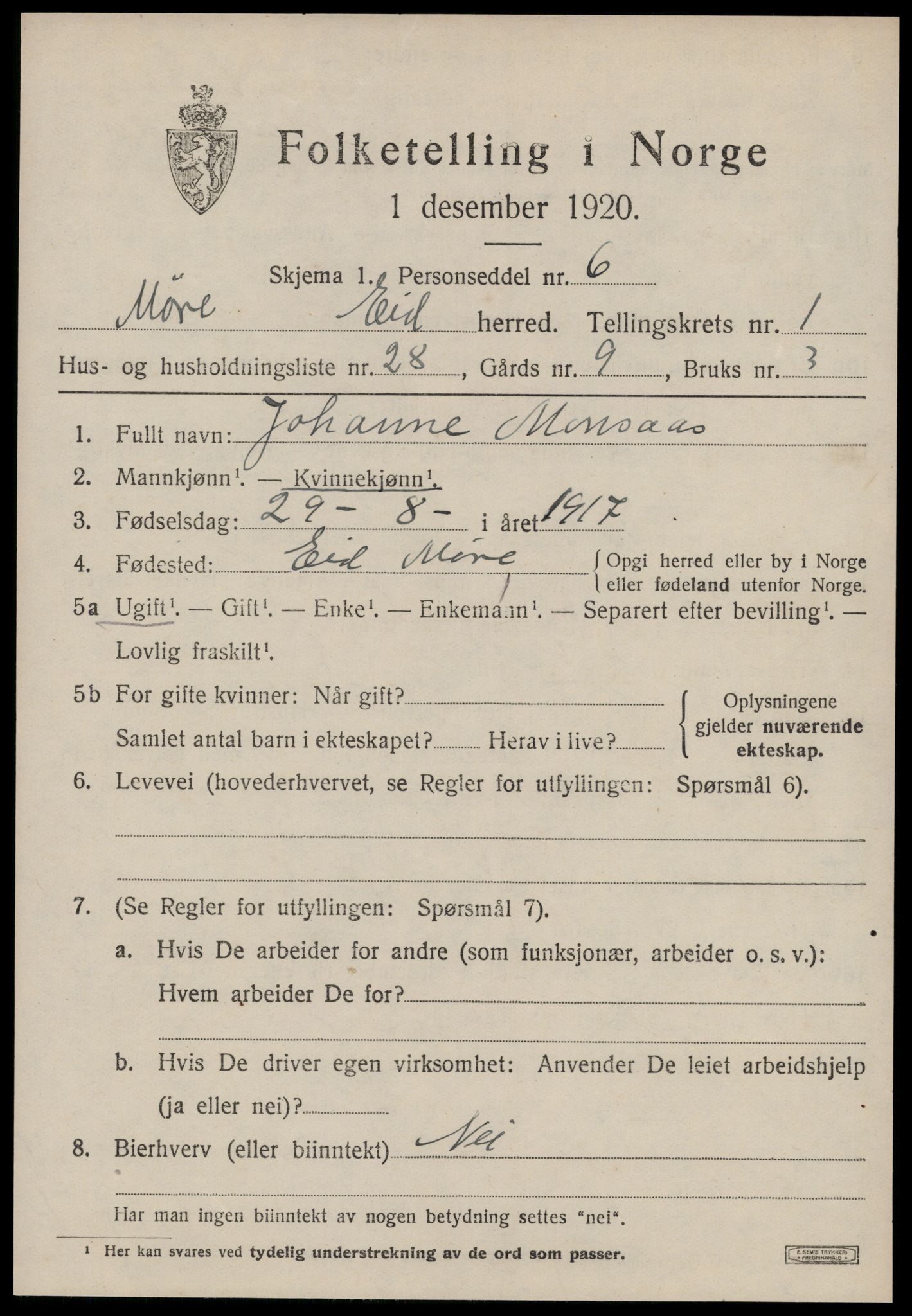 SAT, 1920 census for Eid, 1920, p. 543