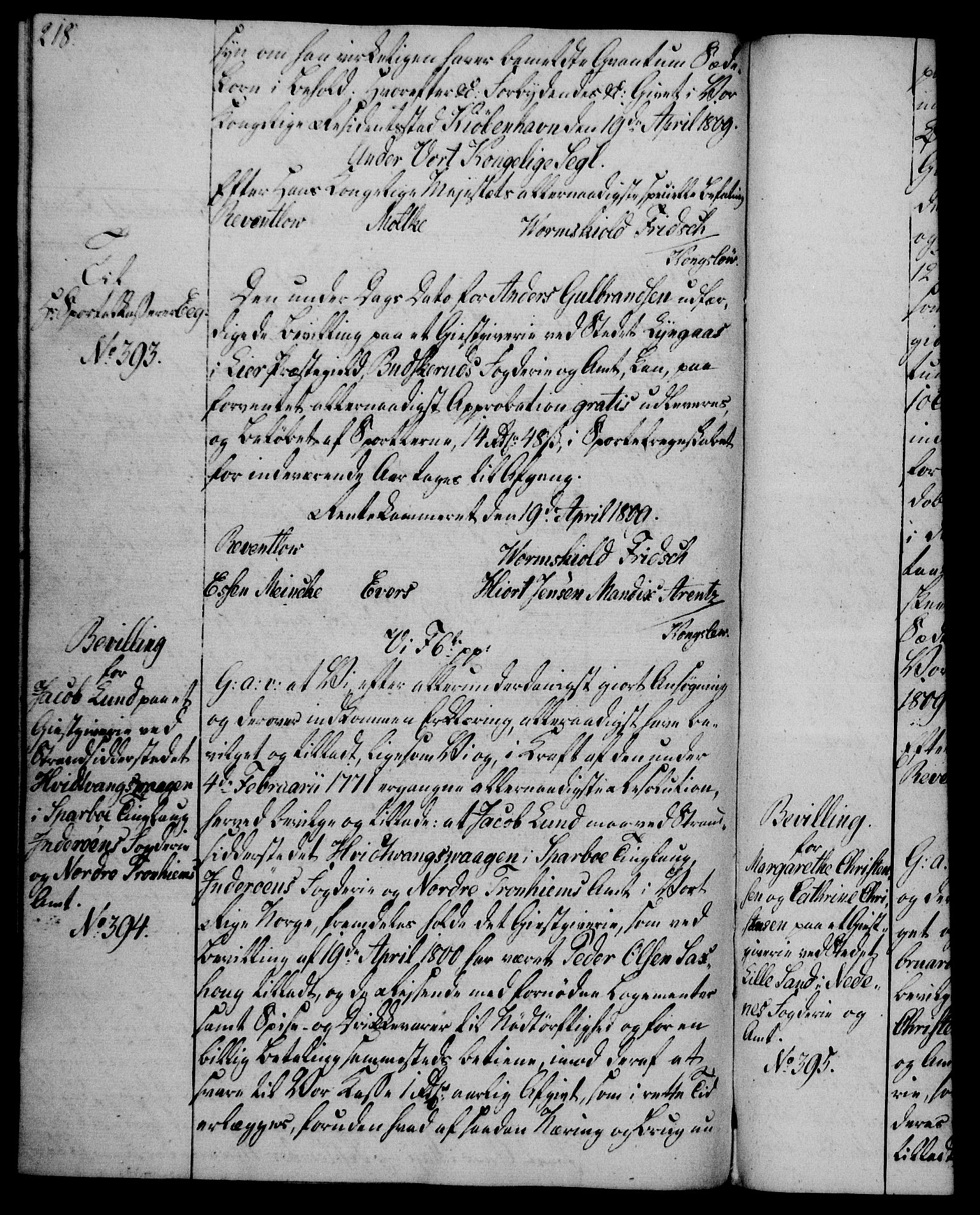 Rentekammeret, Kammerkanselliet, AV/RA-EA-3111/G/Gg/Gga/L0019: Norsk ekspedisjonsprotokoll med register (merket RK 53.19), 1807-1810, p. 218