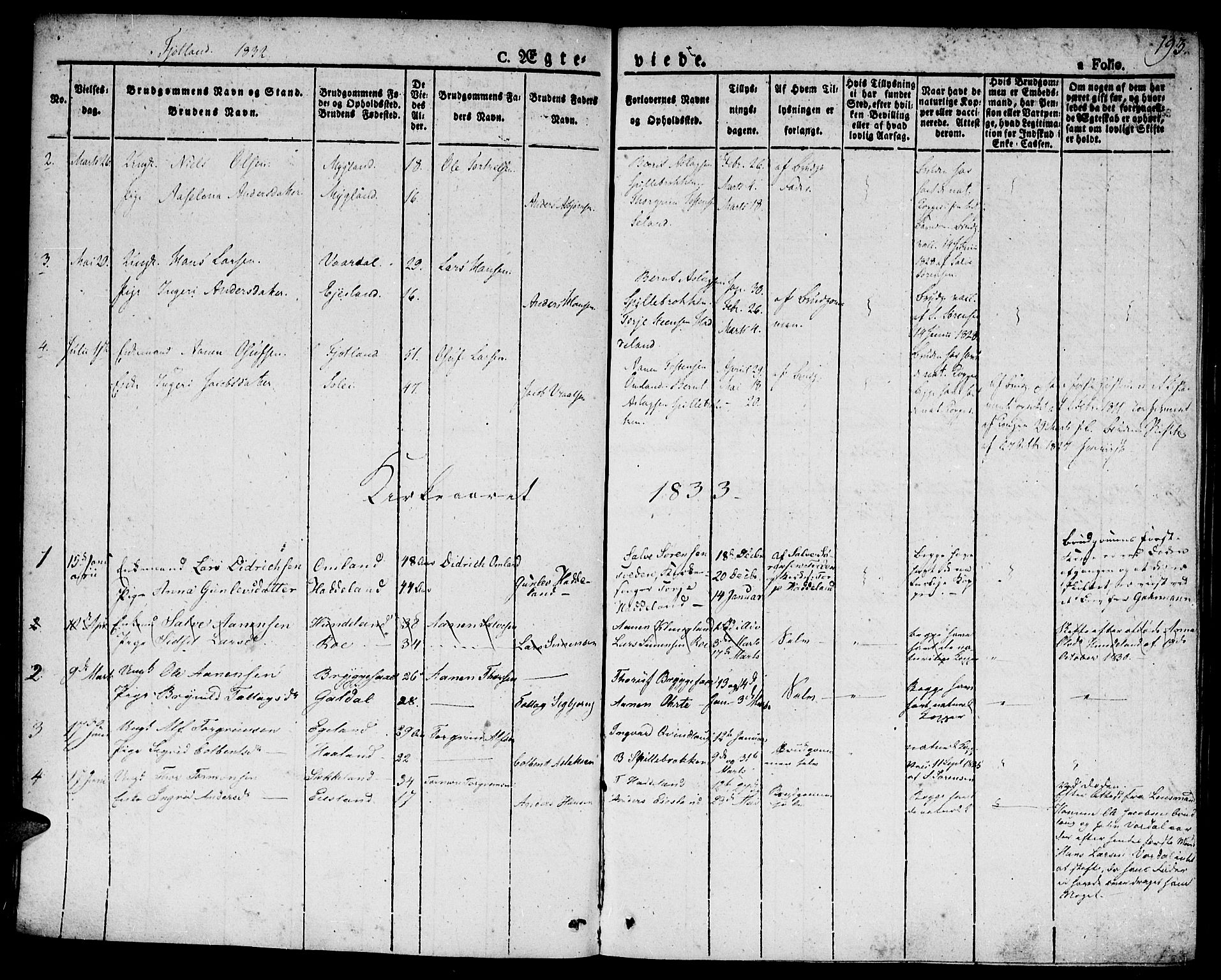 Hægebostad sokneprestkontor, AV/SAK-1111-0024/F/Fa/Faa/L0003: Parish register (official) no. A 3 /2, 1825-1840, p. 193