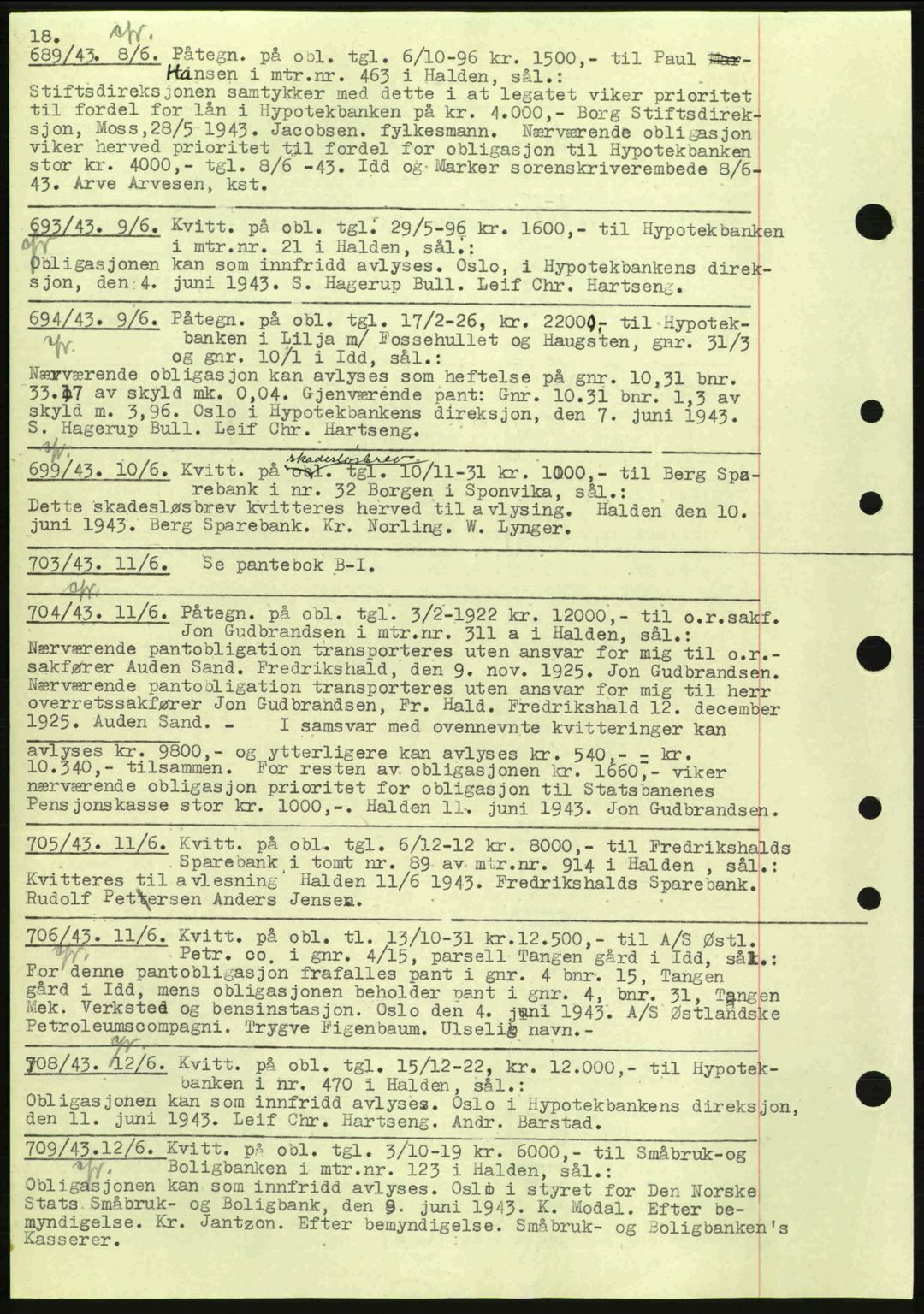 Idd og Marker sorenskriveri, AV/SAO-A-10283/G/Gb/Gbc/L0002: Mortgage book no. B4-9a, 1939-1945, Diary no: : 689/1943