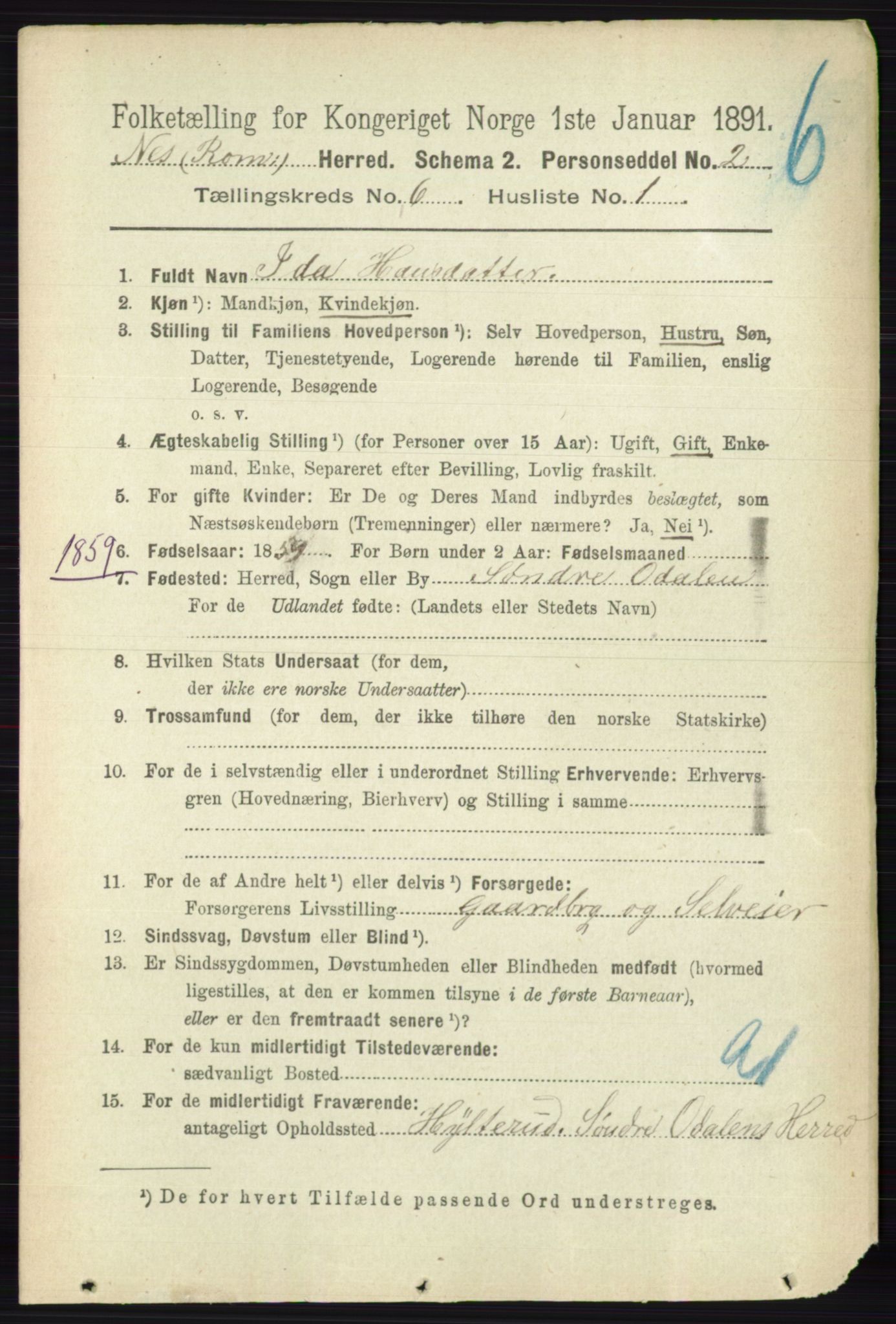 RA, 1891 census for 0236 Nes, 1891, p. 3395