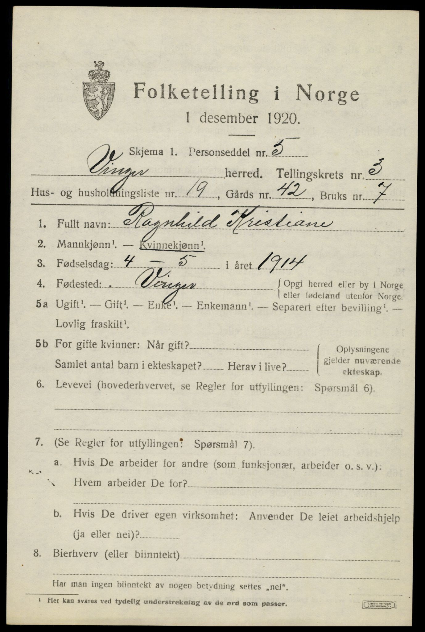 SAH, 1920 census for Vinger, 1920, p. 4792