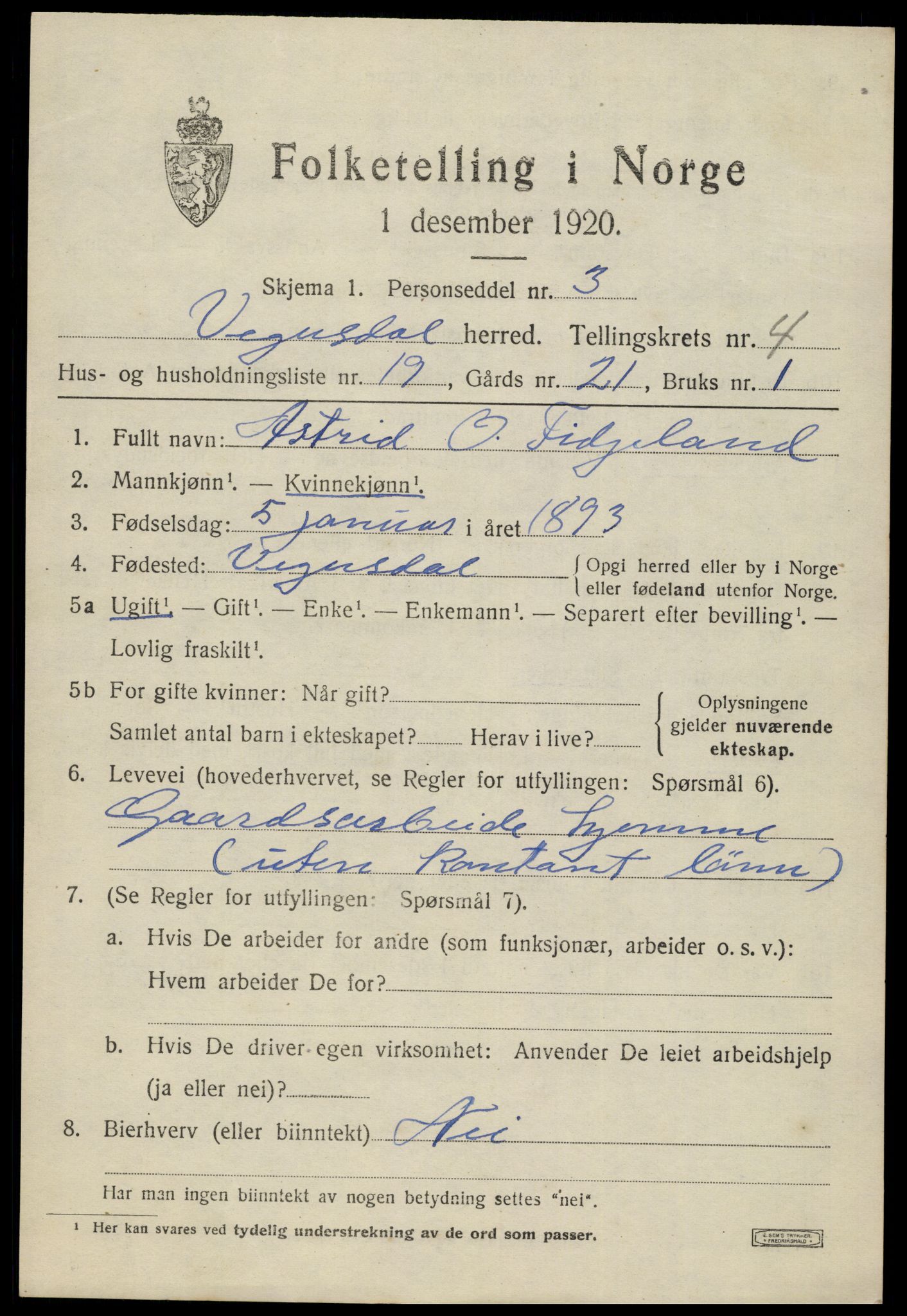 SAK, 1920 census for Vegusdal, 1920, p. 1267