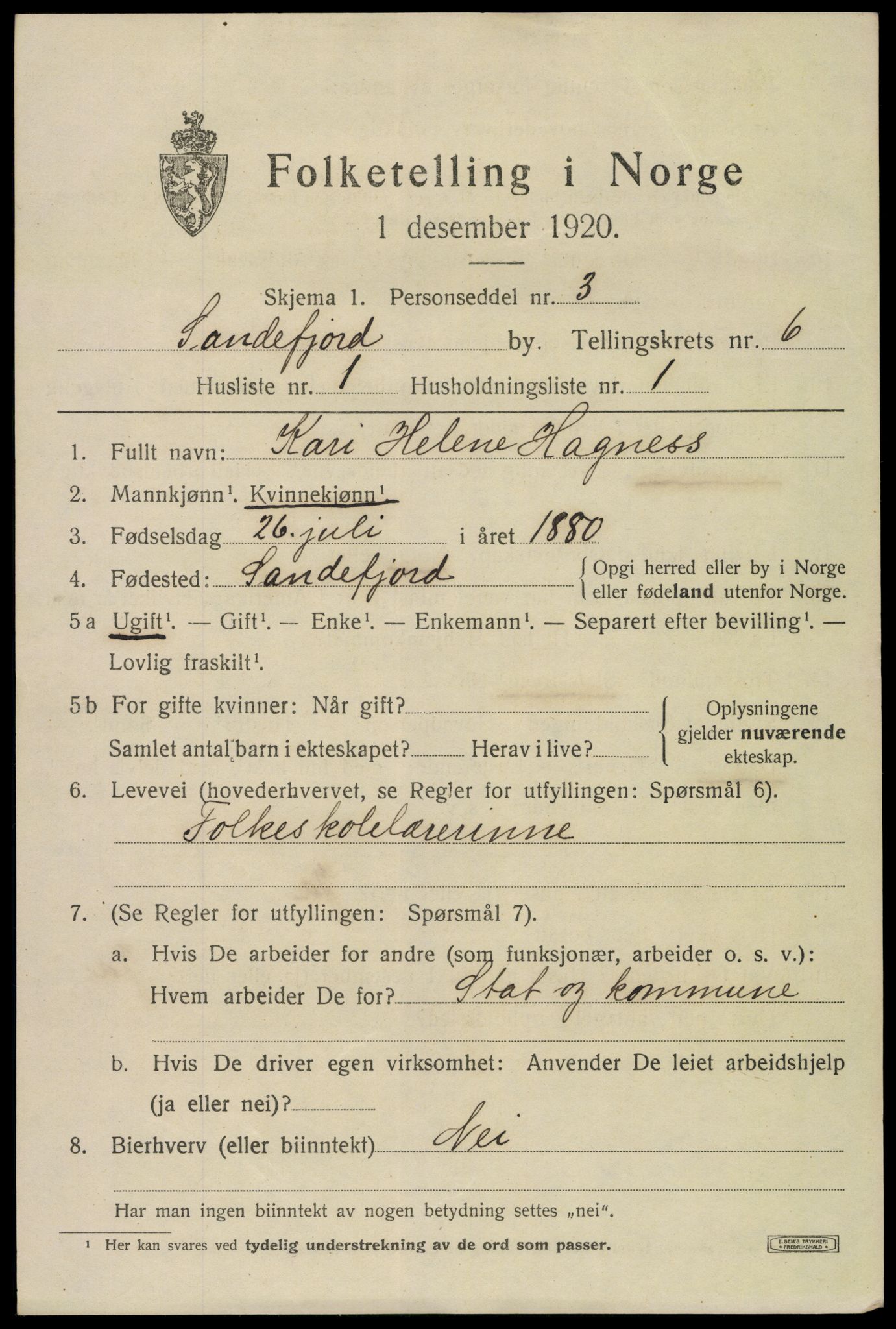 SAKO, 1920 census for Sandefjord, 1920, p. 9442