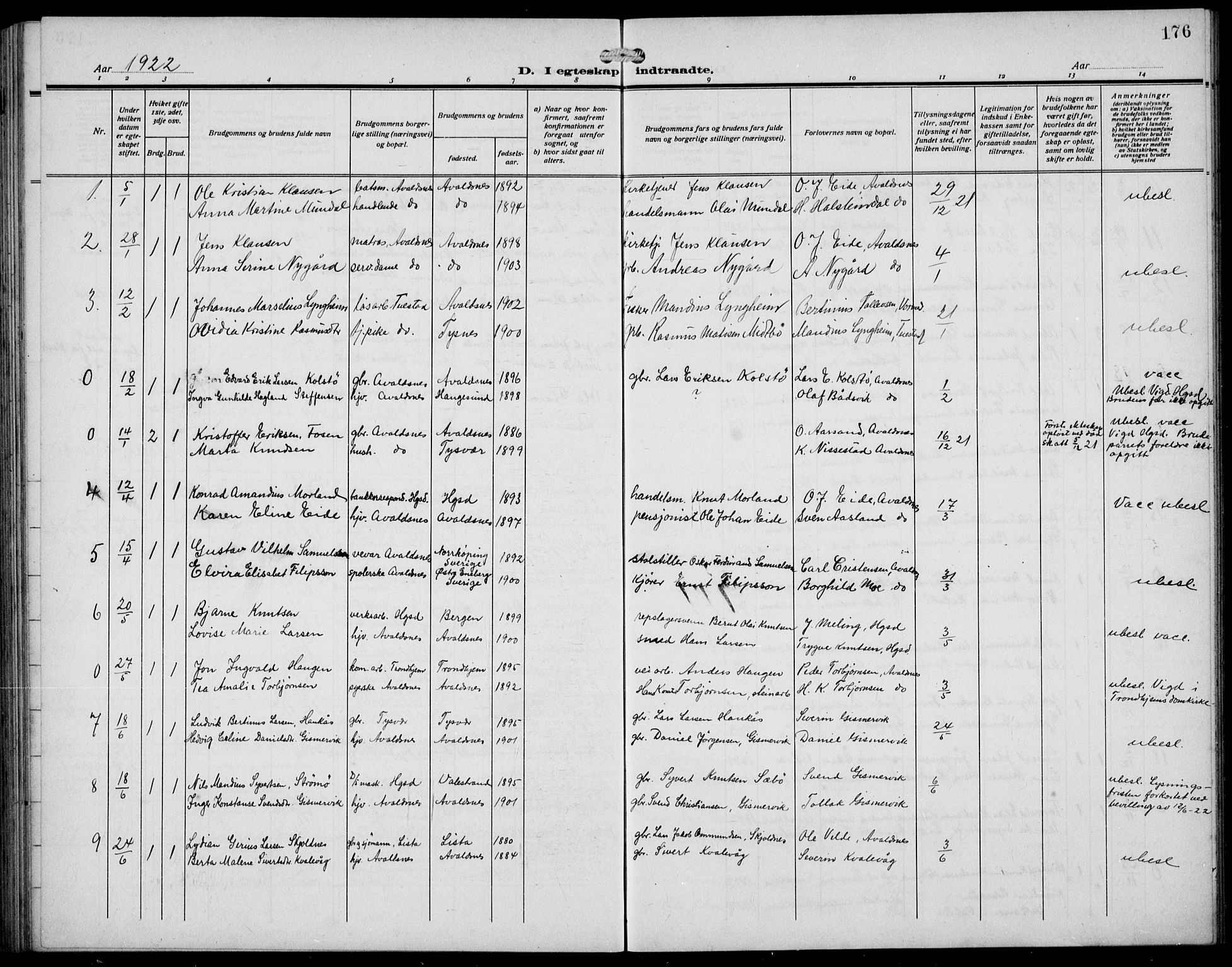 Avaldsnes sokneprestkontor, AV/SAST-A -101851/H/Ha/Hab/L0008: Parish register (copy) no. B 8, 1910-1939, p. 176