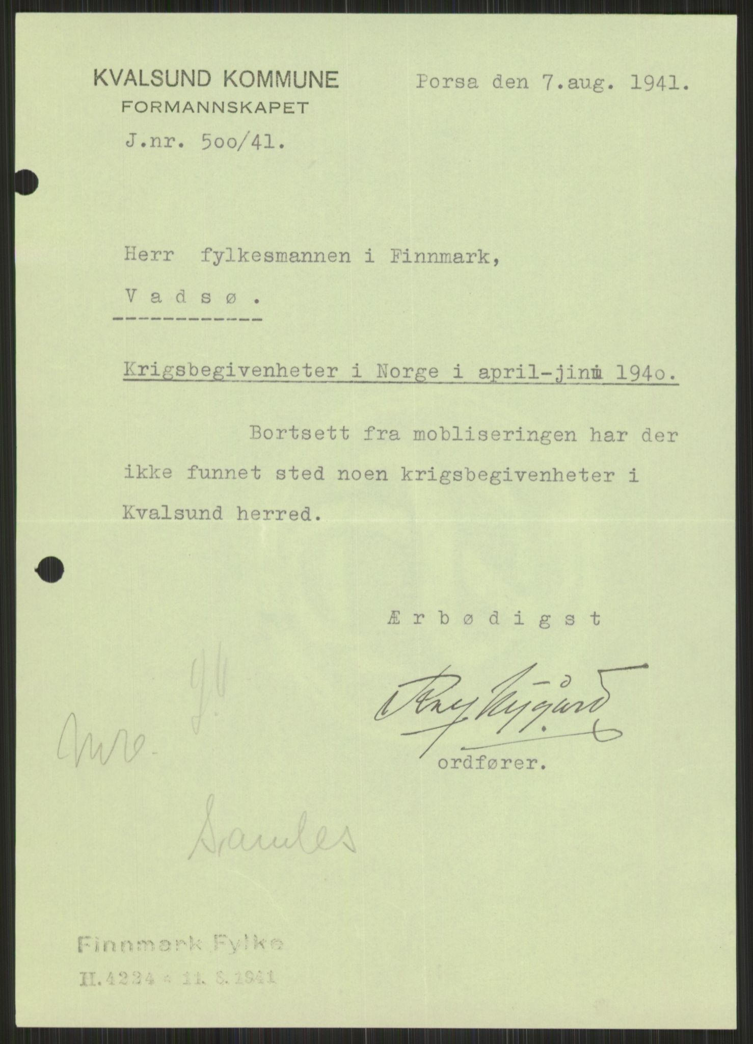 Forsvaret, Forsvarets krigshistoriske avdeling, AV/RA-RAFA-2017/Y/Ya/L0017: II-C-11-31 - Fylkesmenn.  Rapporter om krigsbegivenhetene 1940., 1940, p. 721