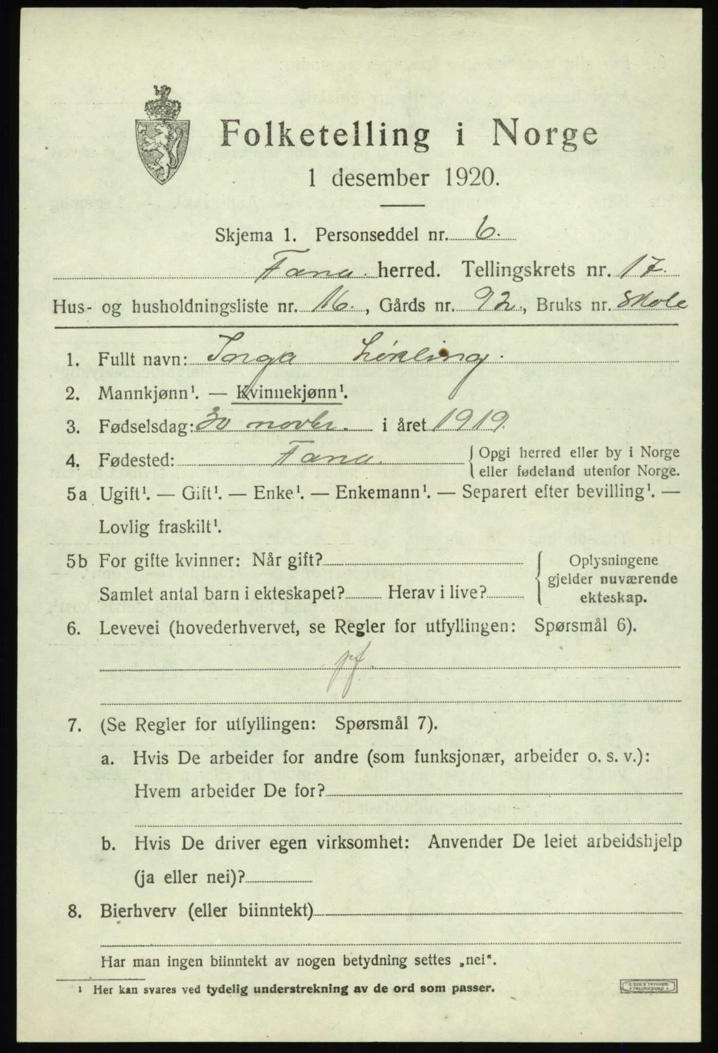 SAB, 1920 census for Fana, 1920, p. 22447