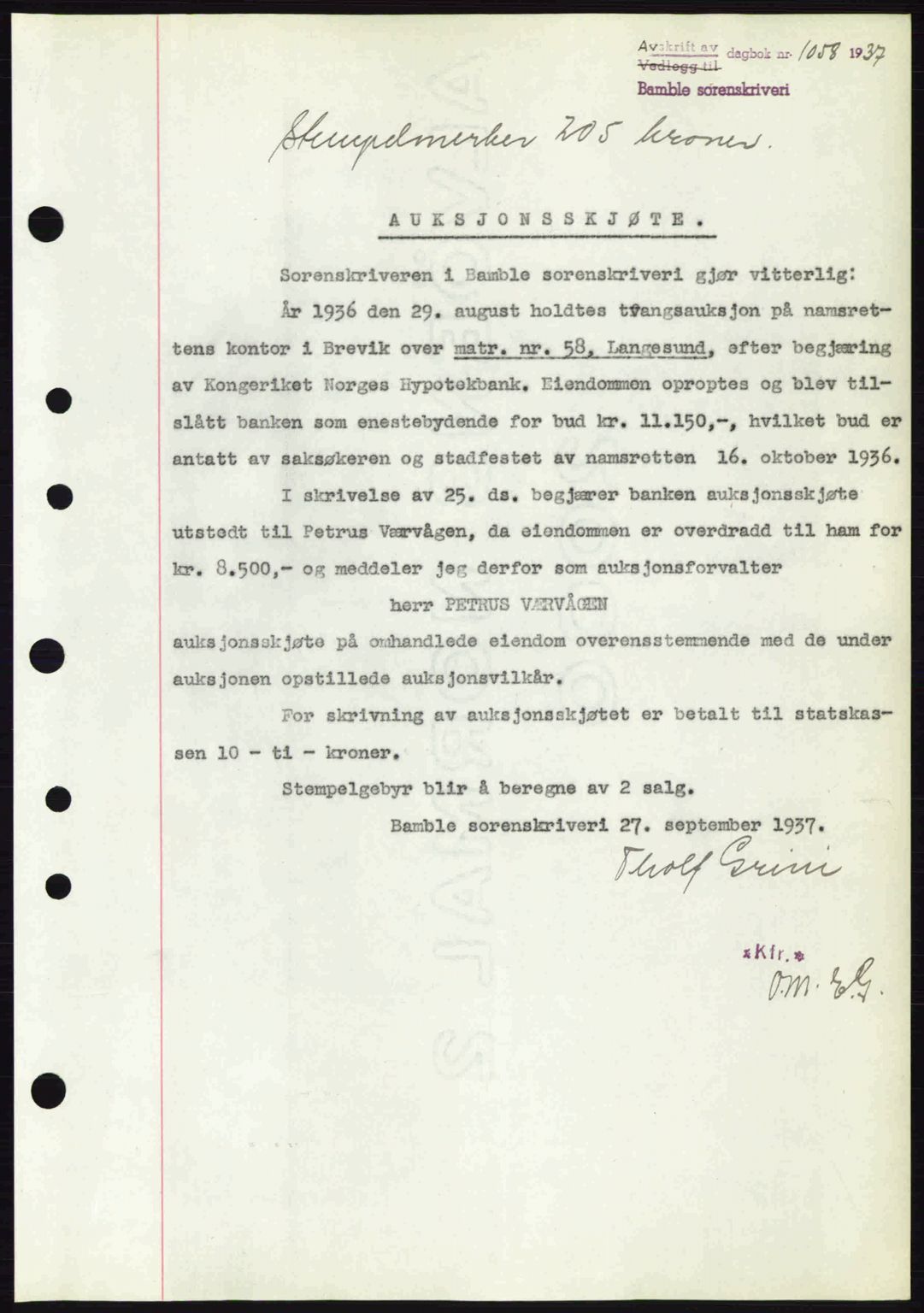 Bamble sorenskriveri, AV/SAKO-A-214/G/Ga/Gag/L0002: Mortgage book no. A-2, 1937-1938, Diary no: : 1058/1937