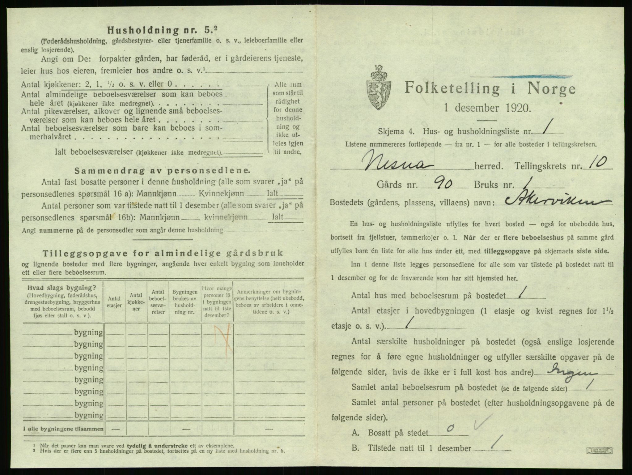 SAT, 1920 census for Nesna, 1920, p. 1189