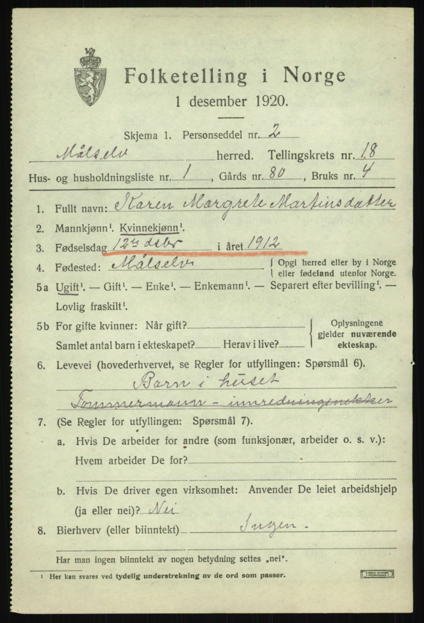 SATØ, 1920 census for Målselv, 1920, p. 8853