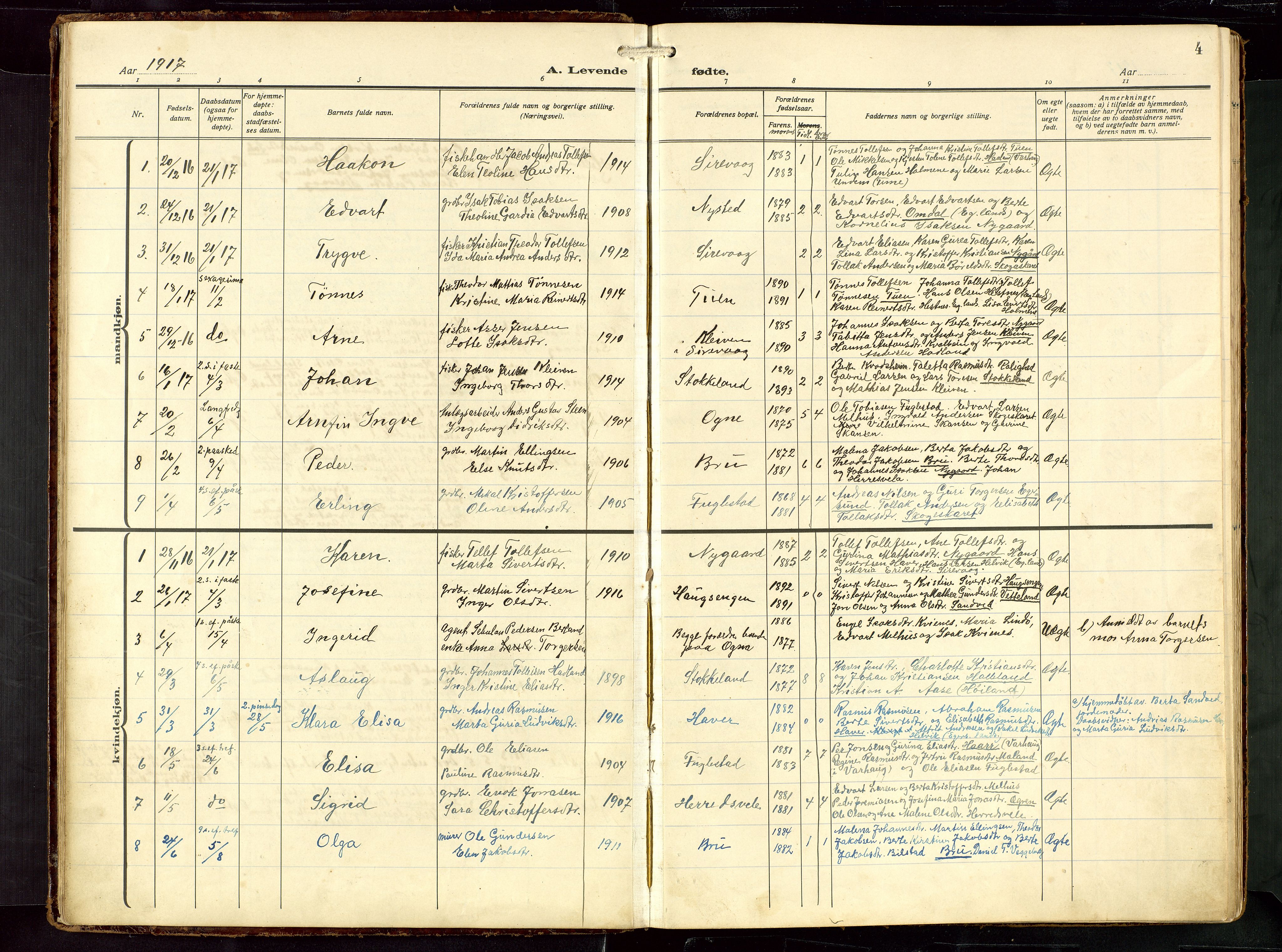 Eigersund sokneprestkontor, AV/SAST-A-101807/S09: Parish register (copy) no. B 22, 1915-1947, p. 4