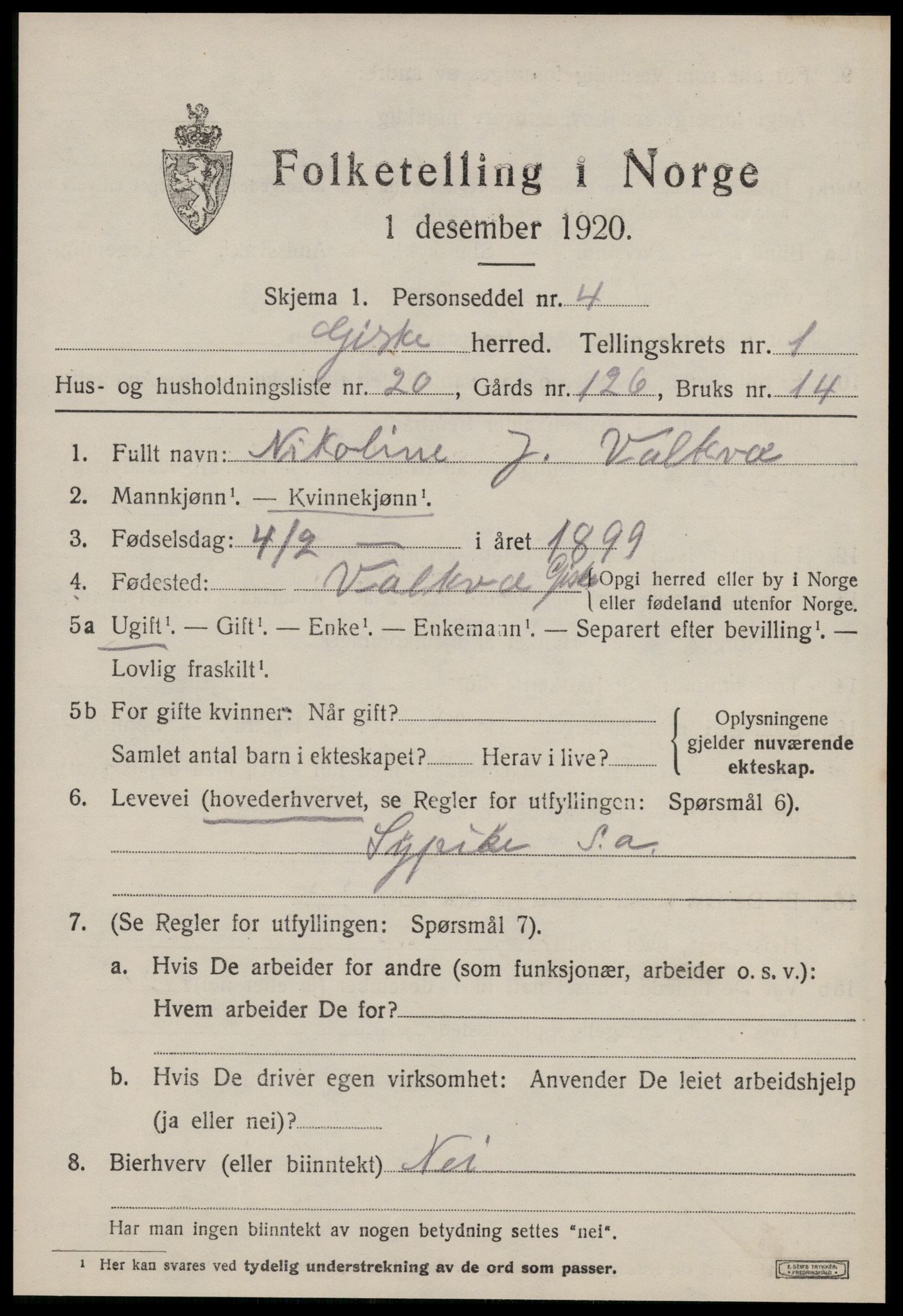 SAT, 1920 census for Giske, 1920, p. 850