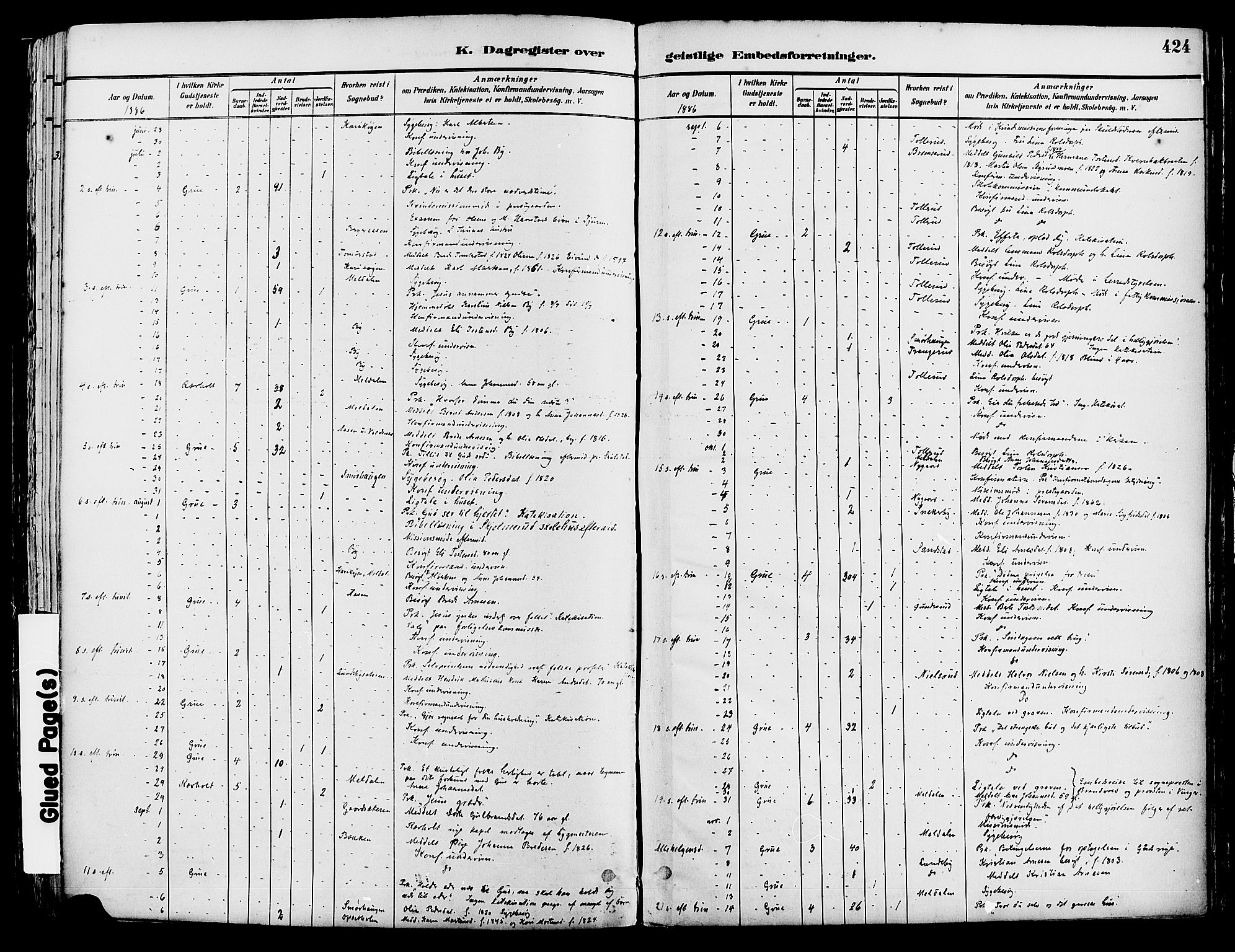 Grue prestekontor, AV/SAH-PREST-036/H/Ha/Haa/L0012: Parish register (official) no. 12, 1881-1897, p. 424