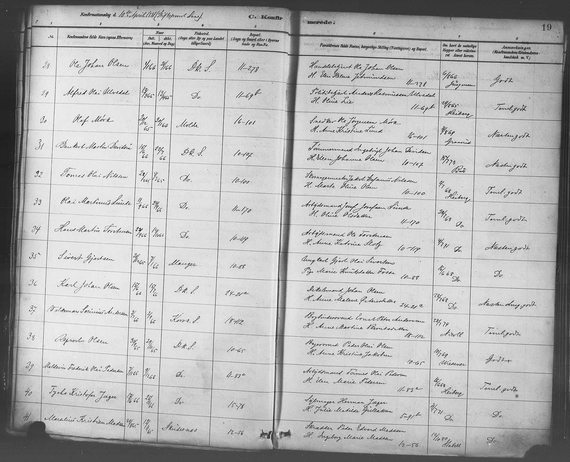 Domkirken sokneprestembete, SAB/A-74801/H/Haa/L0030: Parish register (official) no. C 5, 1880-1898, p. 19