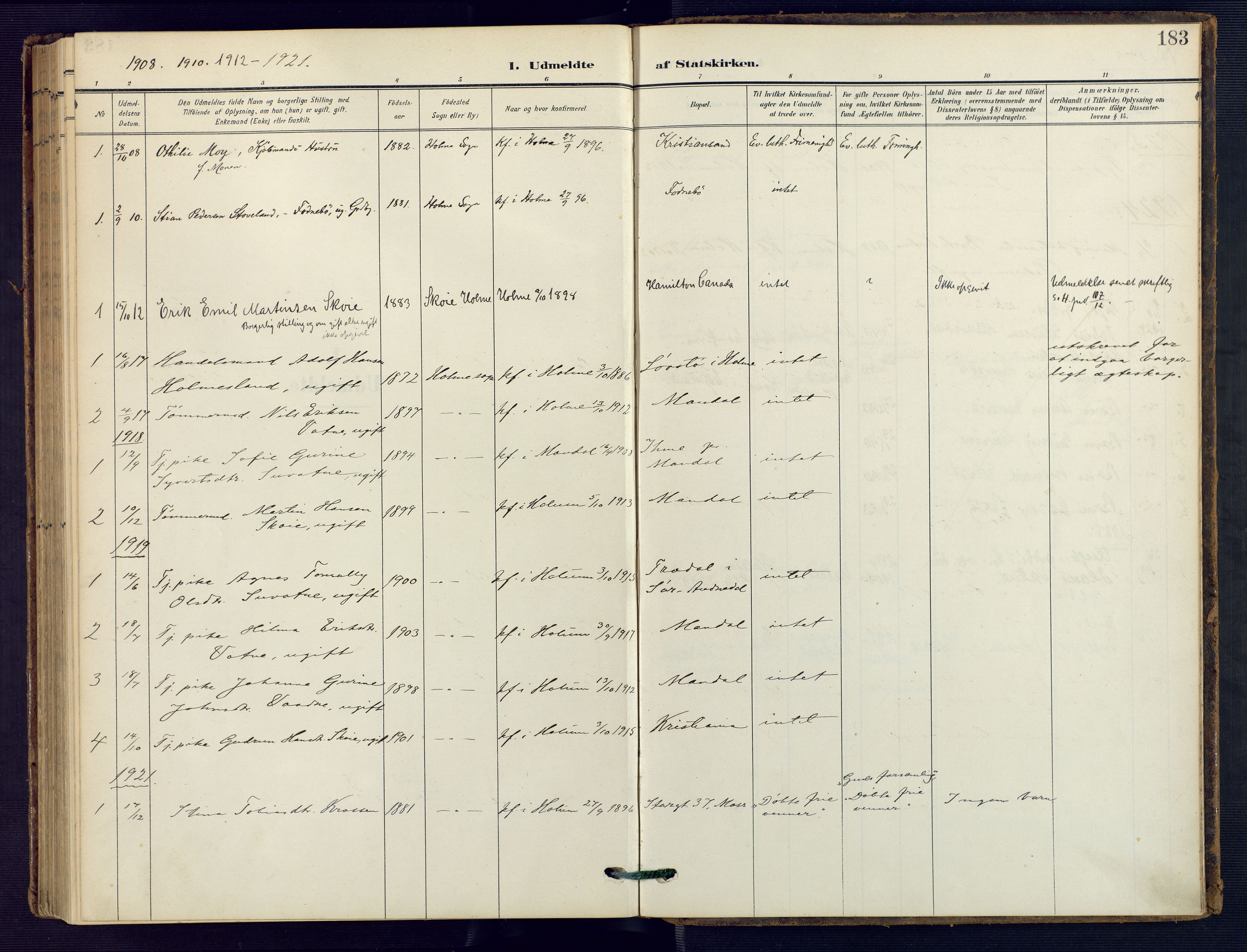 Holum sokneprestkontor, SAK/1111-0022/F/Fa/Faa/L0008: Parish register (official) no. A 8, 1908-1929, p. 183