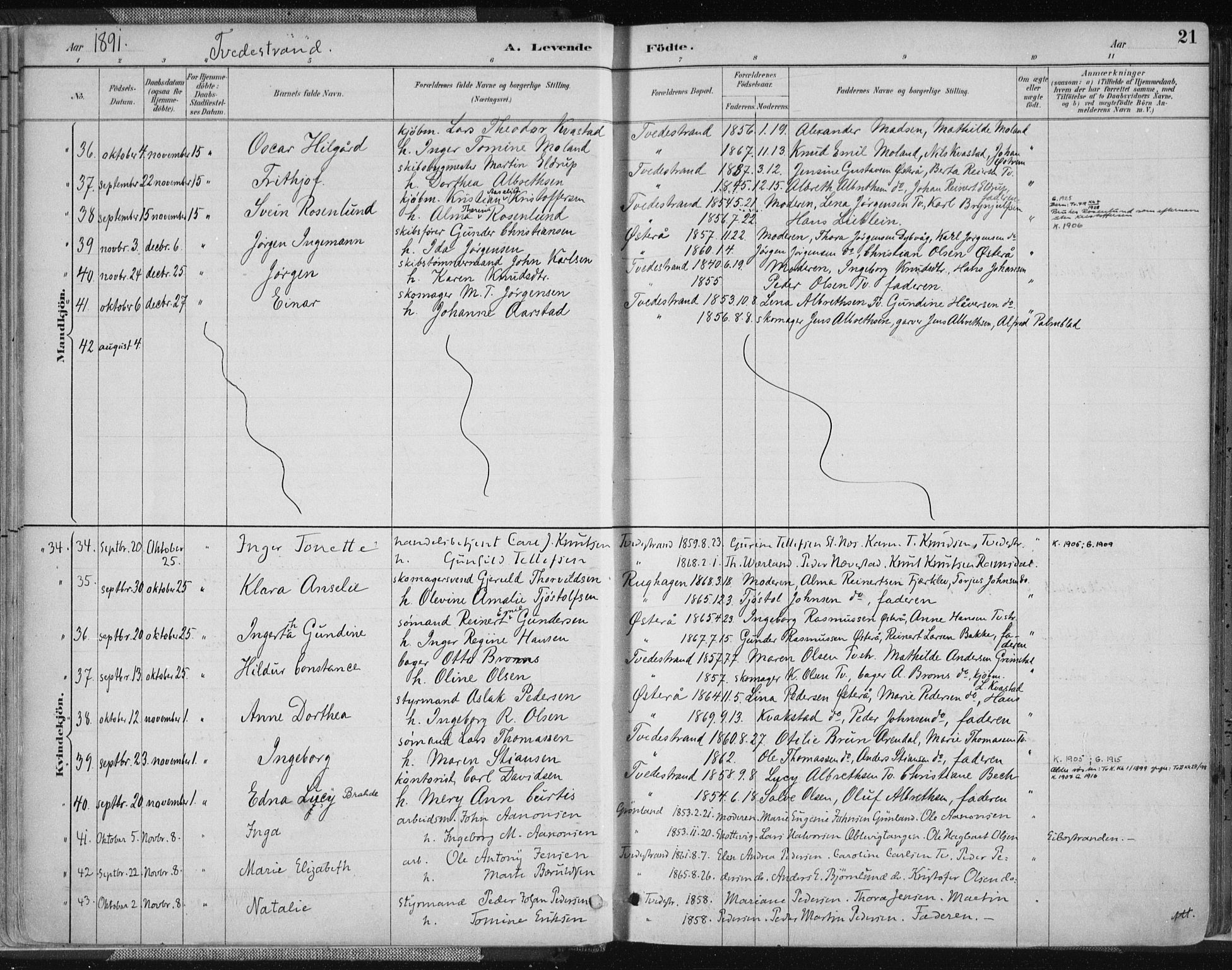 Tvedestrand sokneprestkontor, SAK/1111-0042/F/Fa/L0001: Parish register (official) no. A 1, 1885-1916, p. 21