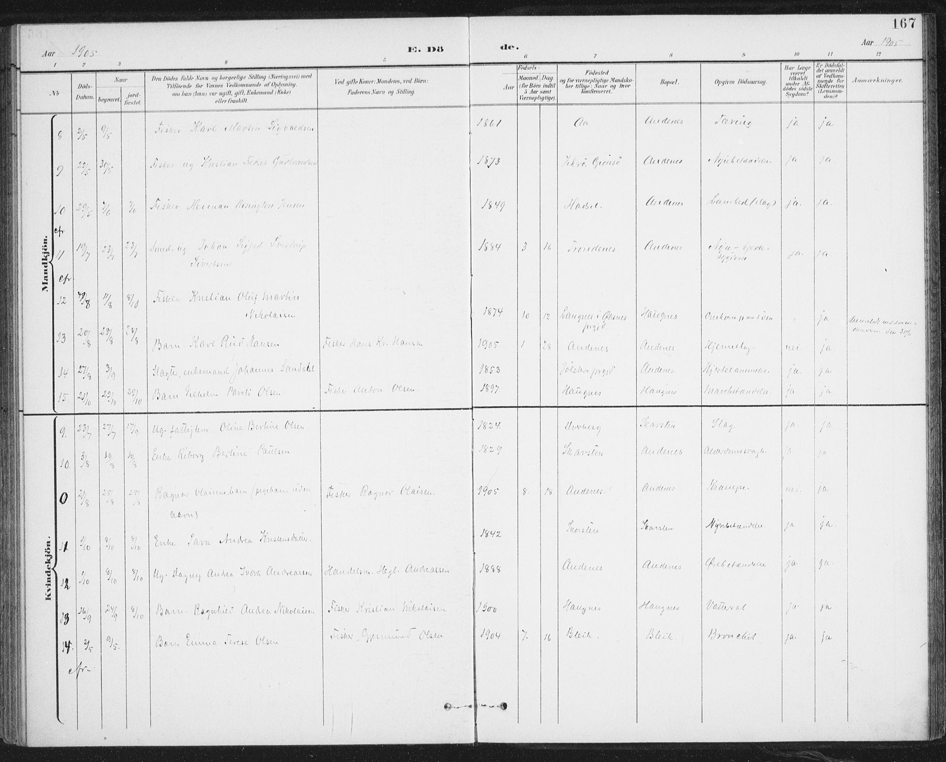 Ministerialprotokoller, klokkerbøker og fødselsregistre - Nordland, AV/SAT-A-1459/899/L1437: Parish register (official) no. 899A05, 1897-1908, p. 167