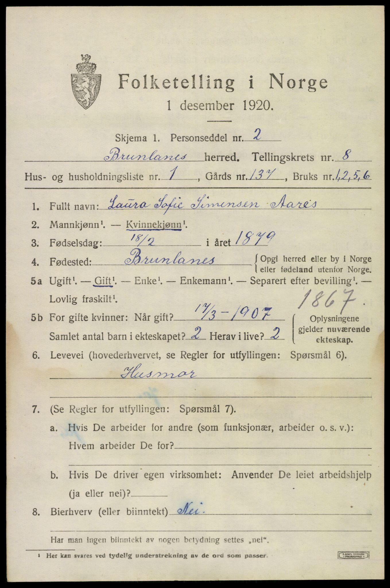 SAKO, 1920 census for Brunlanes, 1920, p. 7663