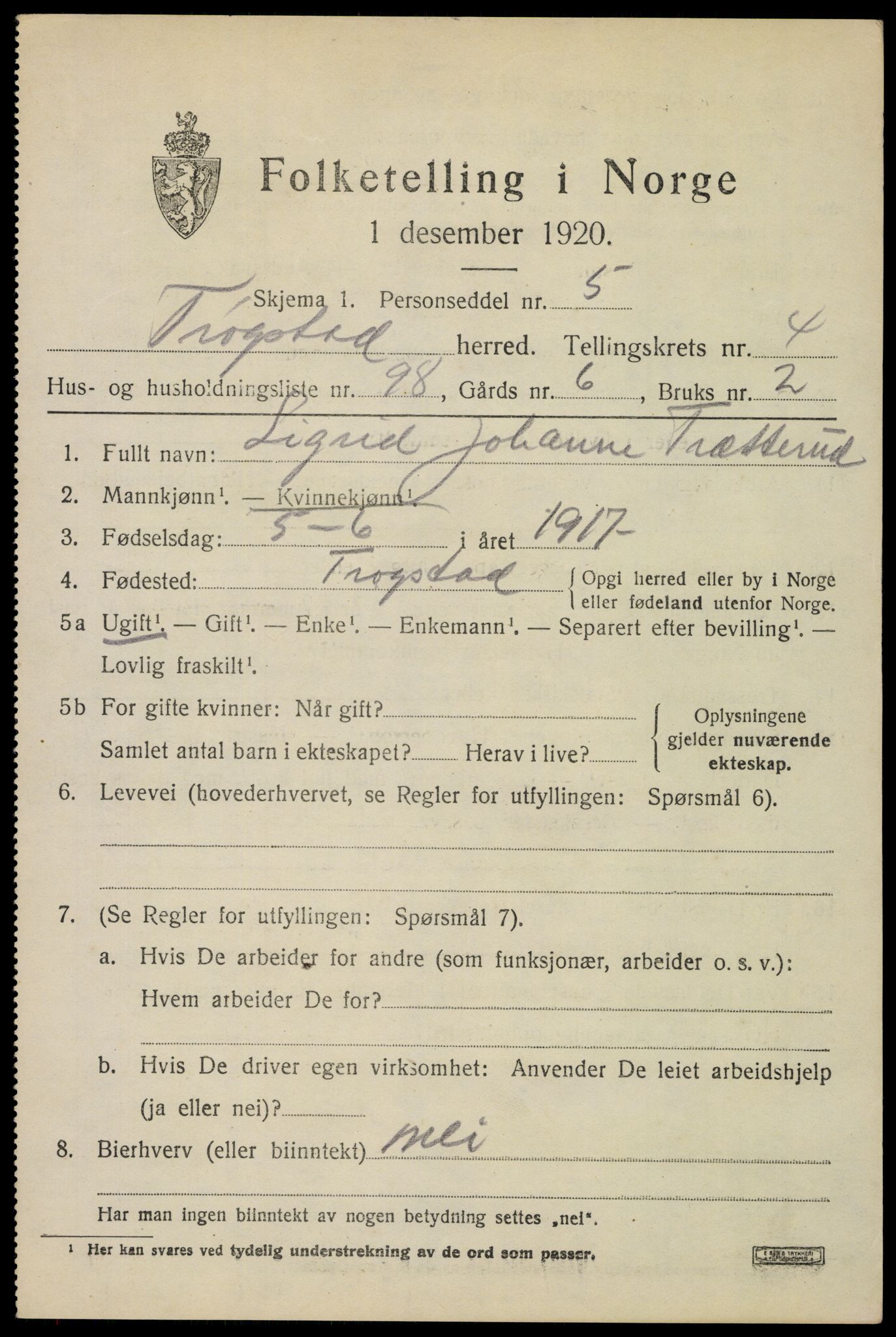 SAO, 1920 census for Trøgstad, 1920, p. 5650